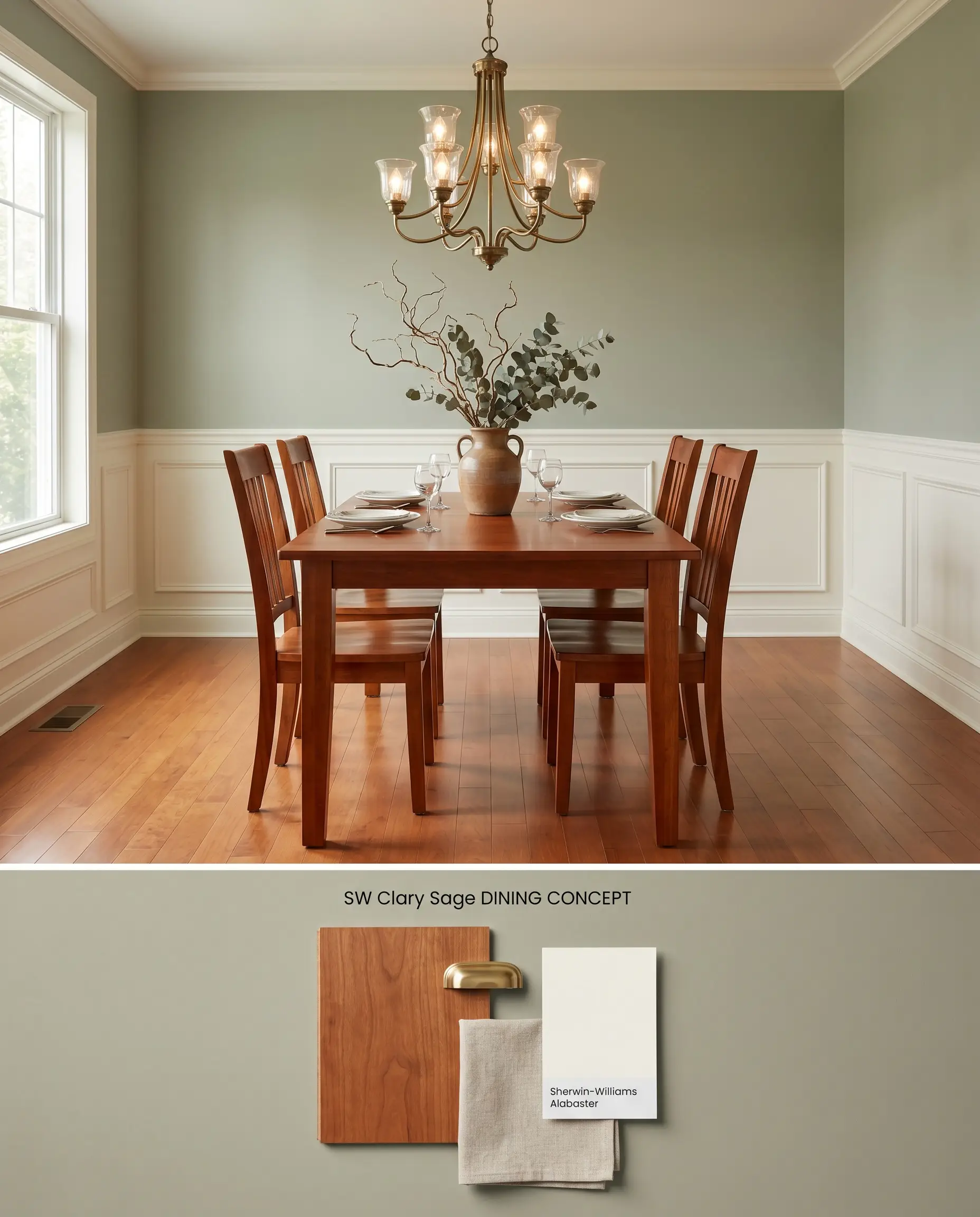 A split digital conceptual board showcasing a dining room painted in SW Clary Sage above creamy wainscoting, and a flat-lay of cherry wood below.