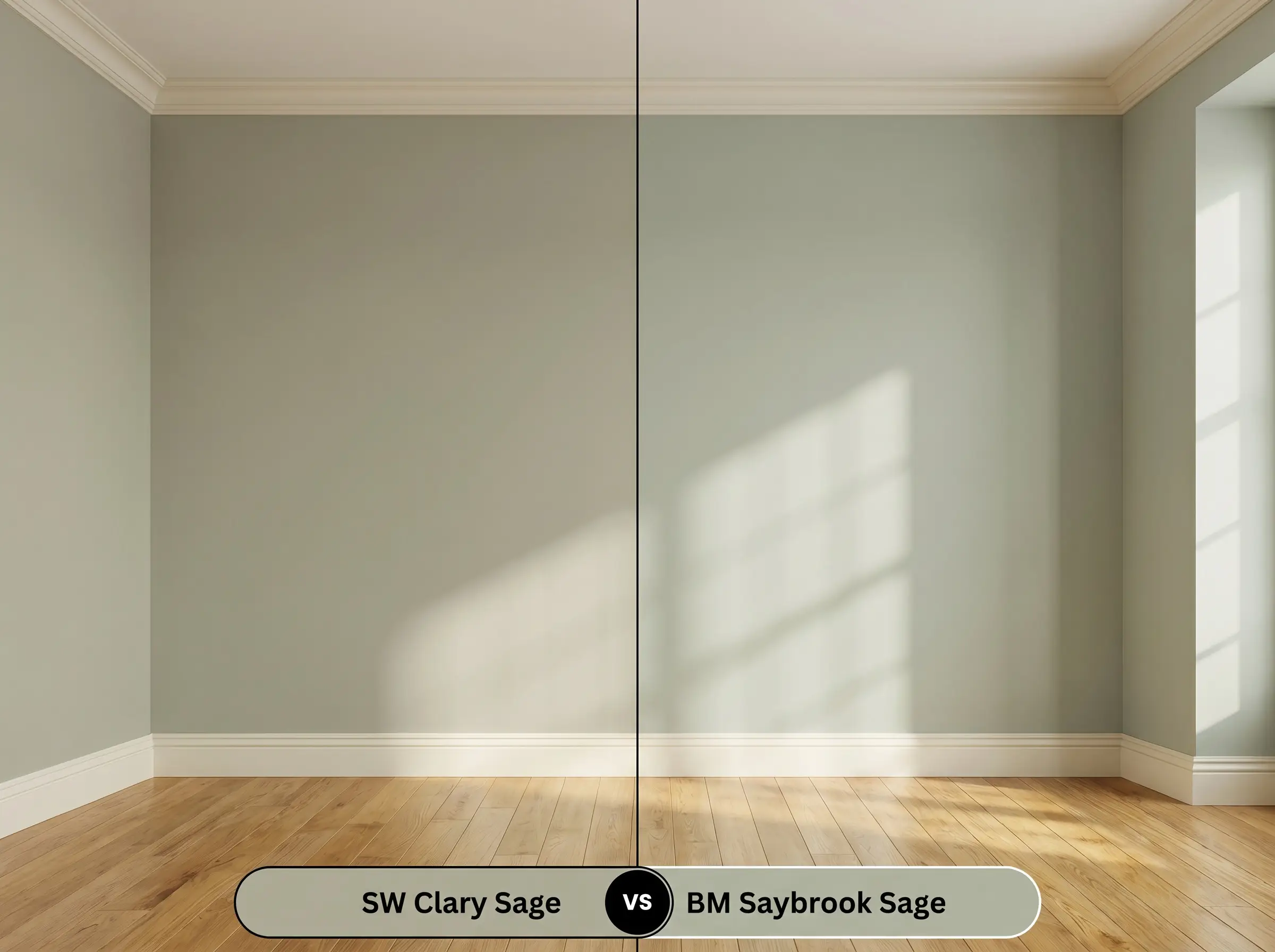 A split-screen room comparison featuring SW Clary Sage (Hex #ACAD97) on the left and BM Saybrook Sage on the right, both over golden oak floors.