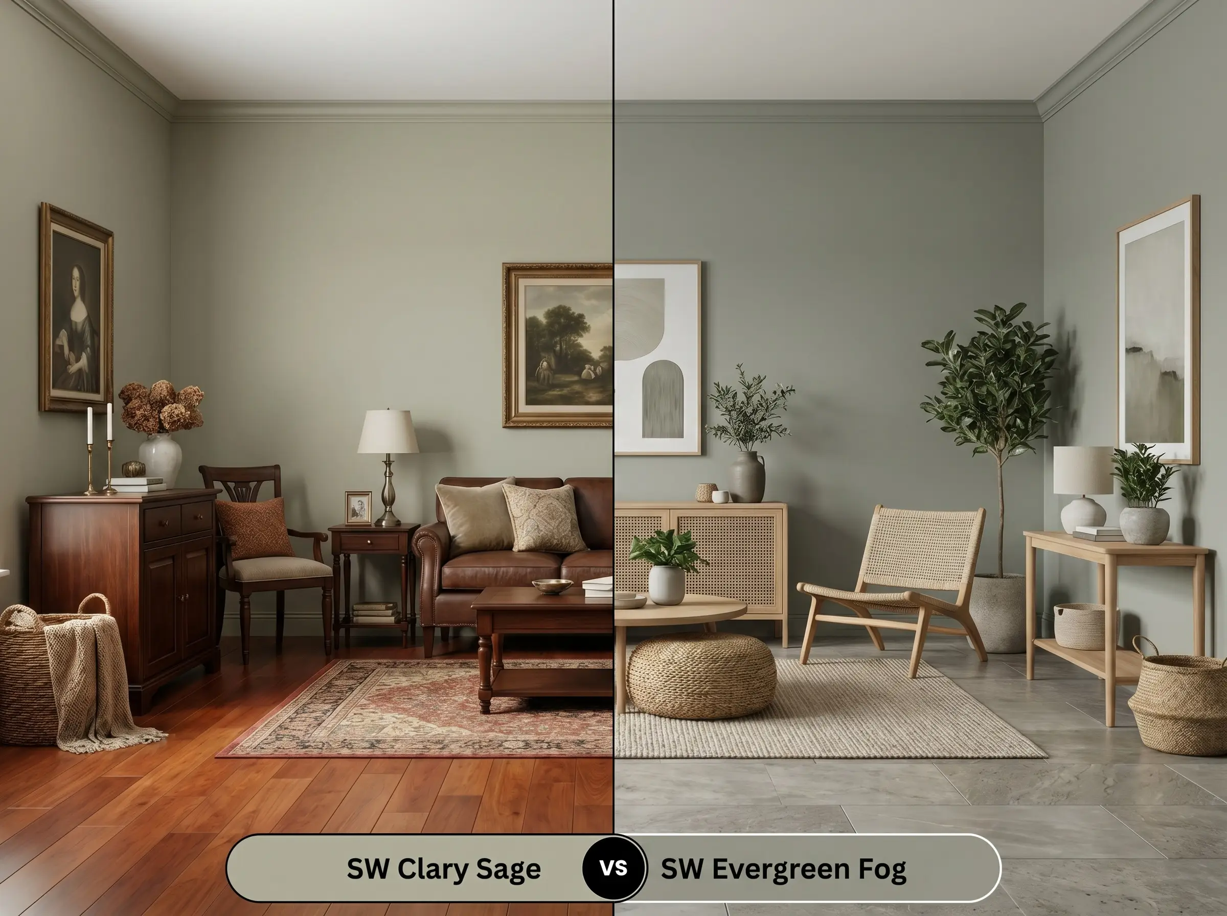 A split-screen comparison showing a room painted in SW Clary Sage (Hex #ACAD97) with cherry wood on the left, versus SW Evergreen Fog on the right.