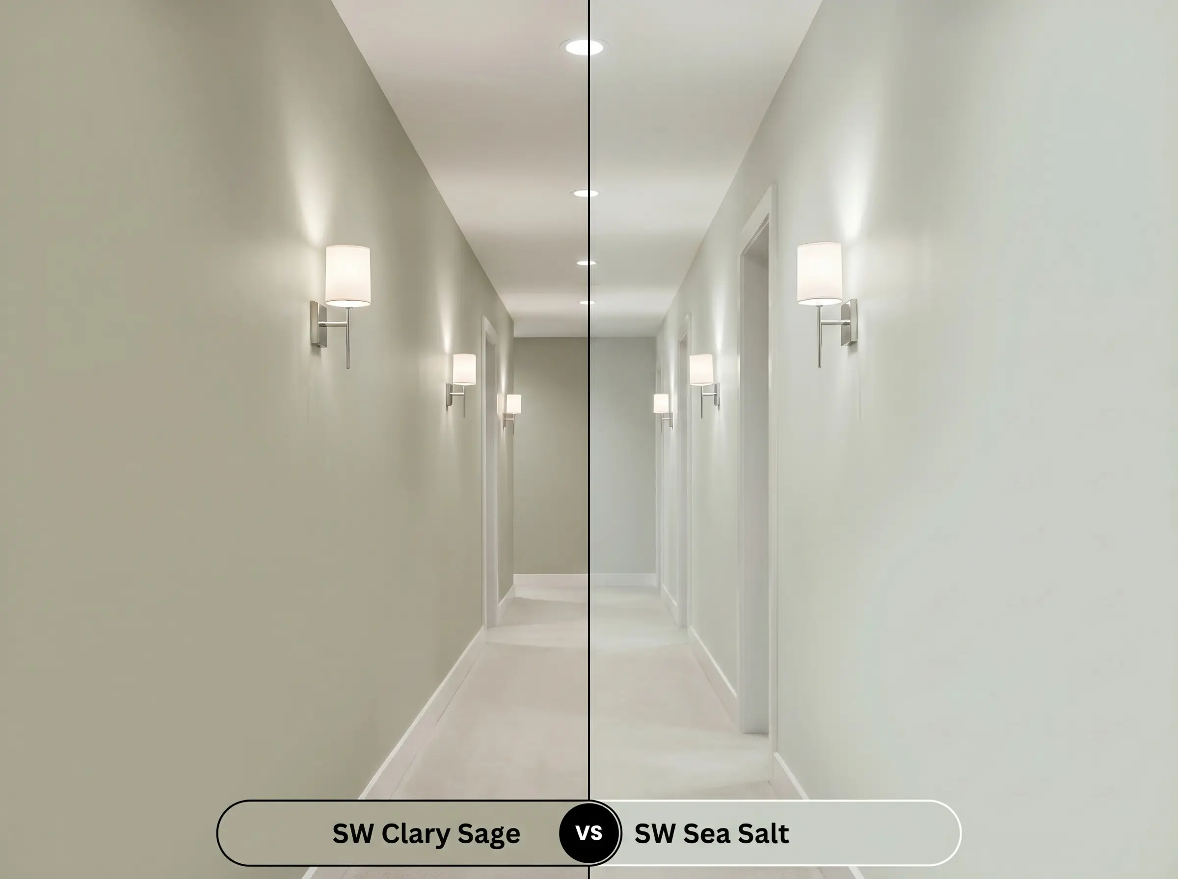 A split-screen hallway comparison displaying SW Clary Sage (Hex #ACAD97) on the left wall and SW Sea Salt on the right wall under architectural lighting.