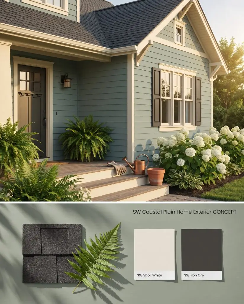 A digital architectural board presenting a green Craftsman exterior top section paired with a physical flat-lay of charcoal shingles and Shoji White swatches.