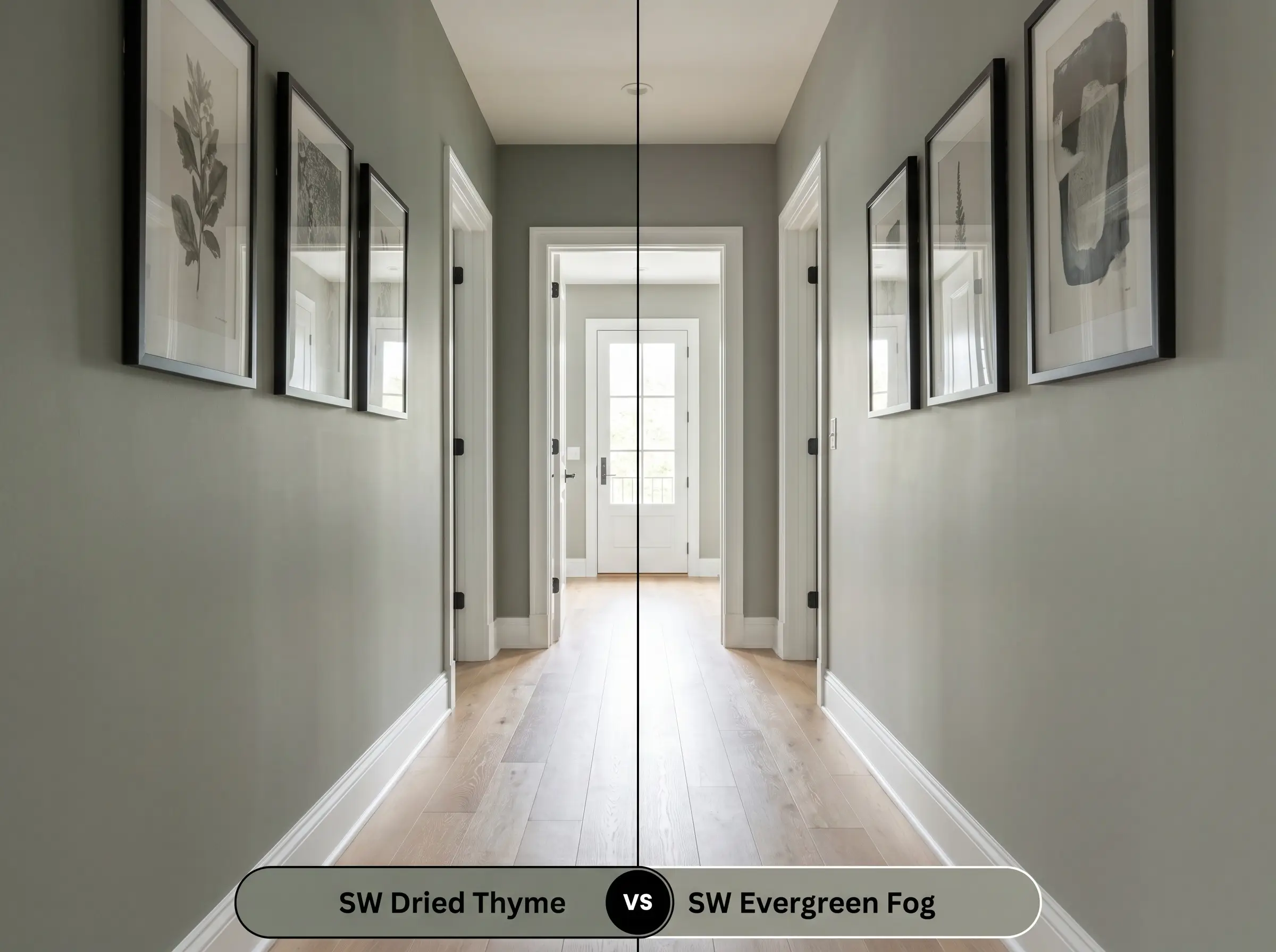 A split-screen comparison board for SW Dried Thyme (Hex #7B8070) versus SW Evergreen Fog (Hex #95978A) applied to the walls of a naturally lit transitional hallway.