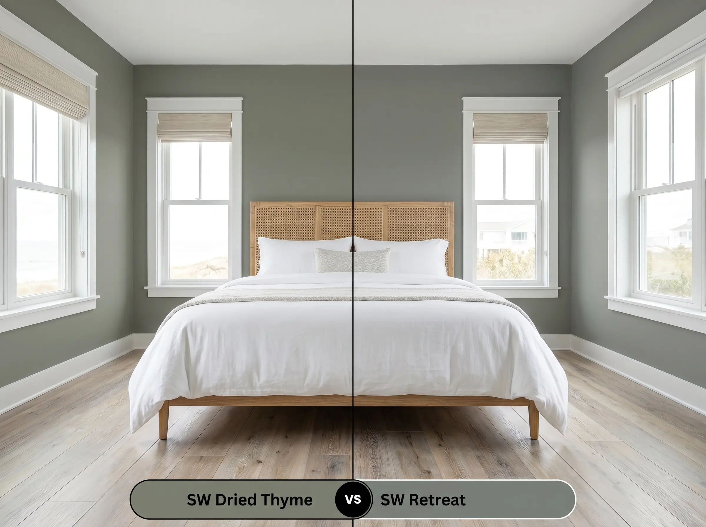 A split-screen comparison board for SW Dried Thyme (Hex #7B8070) versus SW Retreat (Hex #7A8076) covering the walls of a sunlit coastal transitional bedroom.