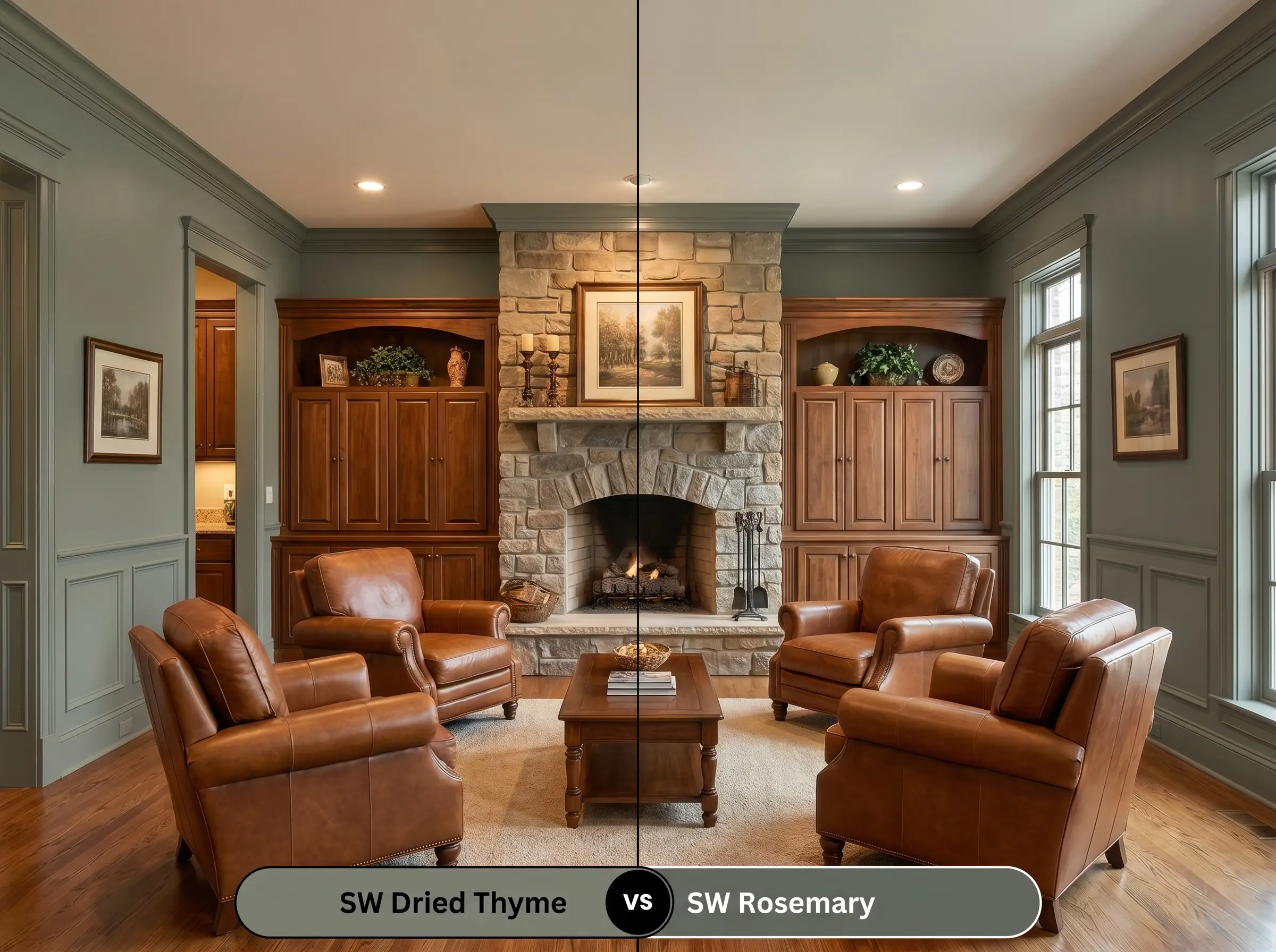 A split-screen comparison board for SW Dried Thyme (Hex #7B8070) versus SW Rosemary (Hex #64695C) showcasing traditional living room walls under warm ambient lighting.