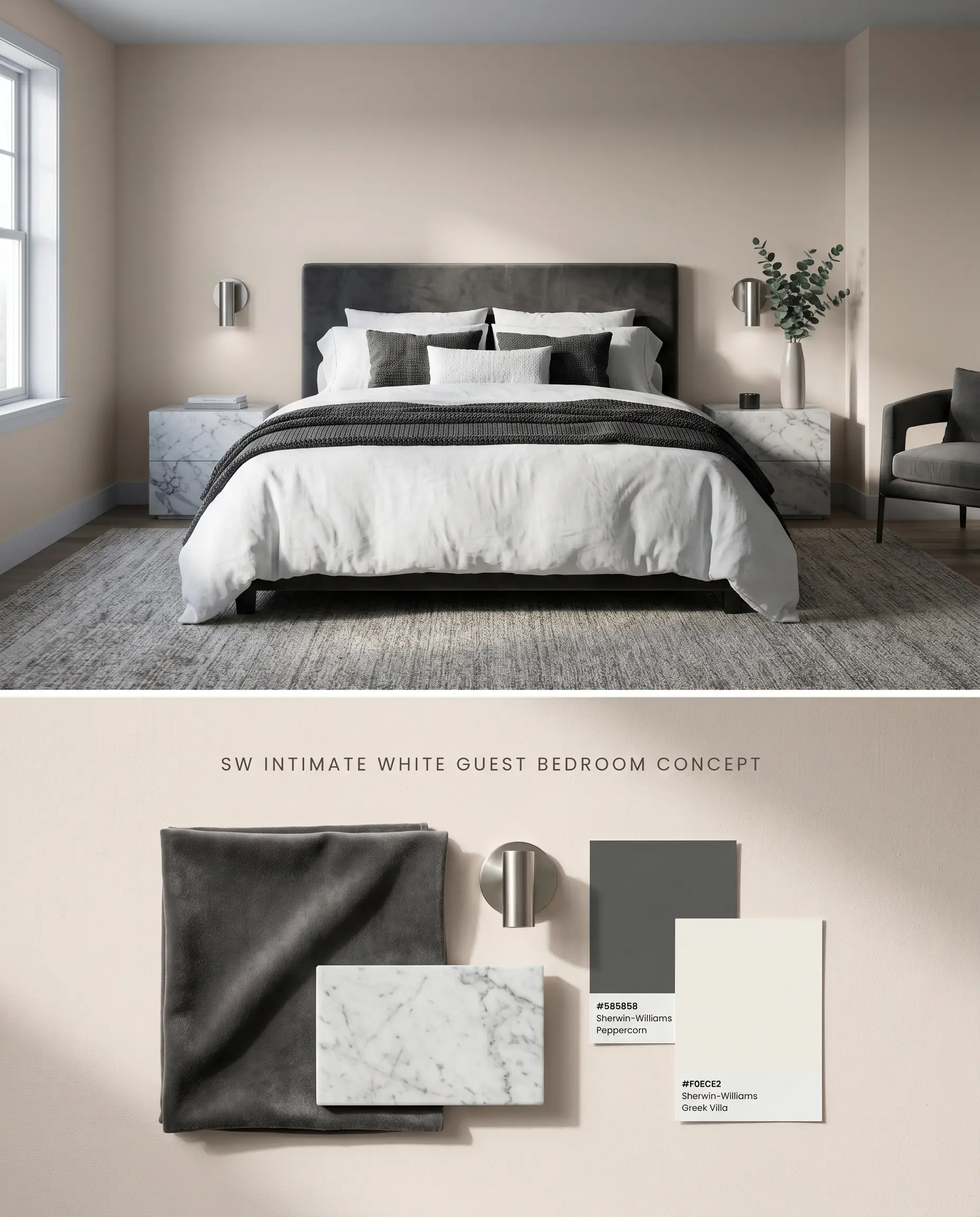 A composite conceptual board for a guest bedroom featuring Sherwin-Williams Intimate White walls alongside a charcoal velvet headboard, positioned over a tactile material flat-lay.