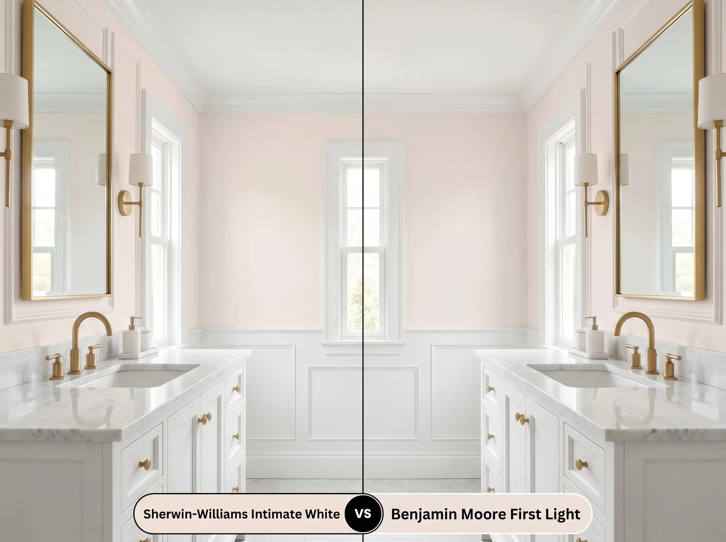A vertical split comparison board for a bathroom evaluating Sherwin-Williams Intimate White (Hex #F0E1D8) against Benjamin Moore First Light (Hex #EFE2DE) over an identical marble vanity.