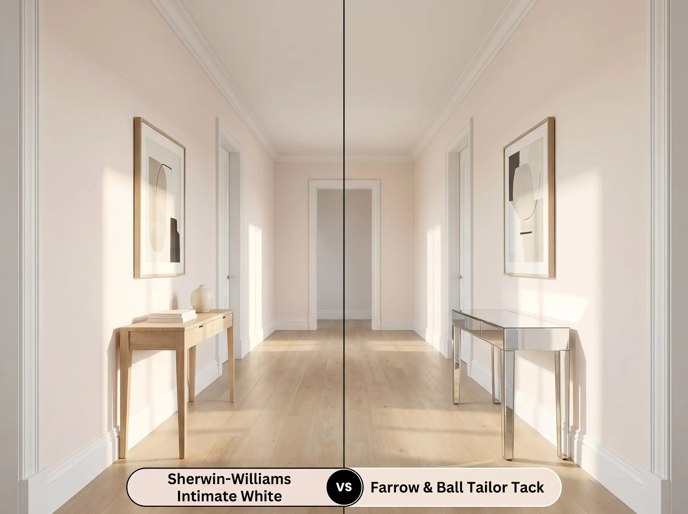 A mirrored comparison board for a minimalist hallway measuring Sherwin-Williams Intimate White (Hex #F0E1D8) against Farrow & Ball Tailor Tack (Hex #F4E7DD) behind a console table.