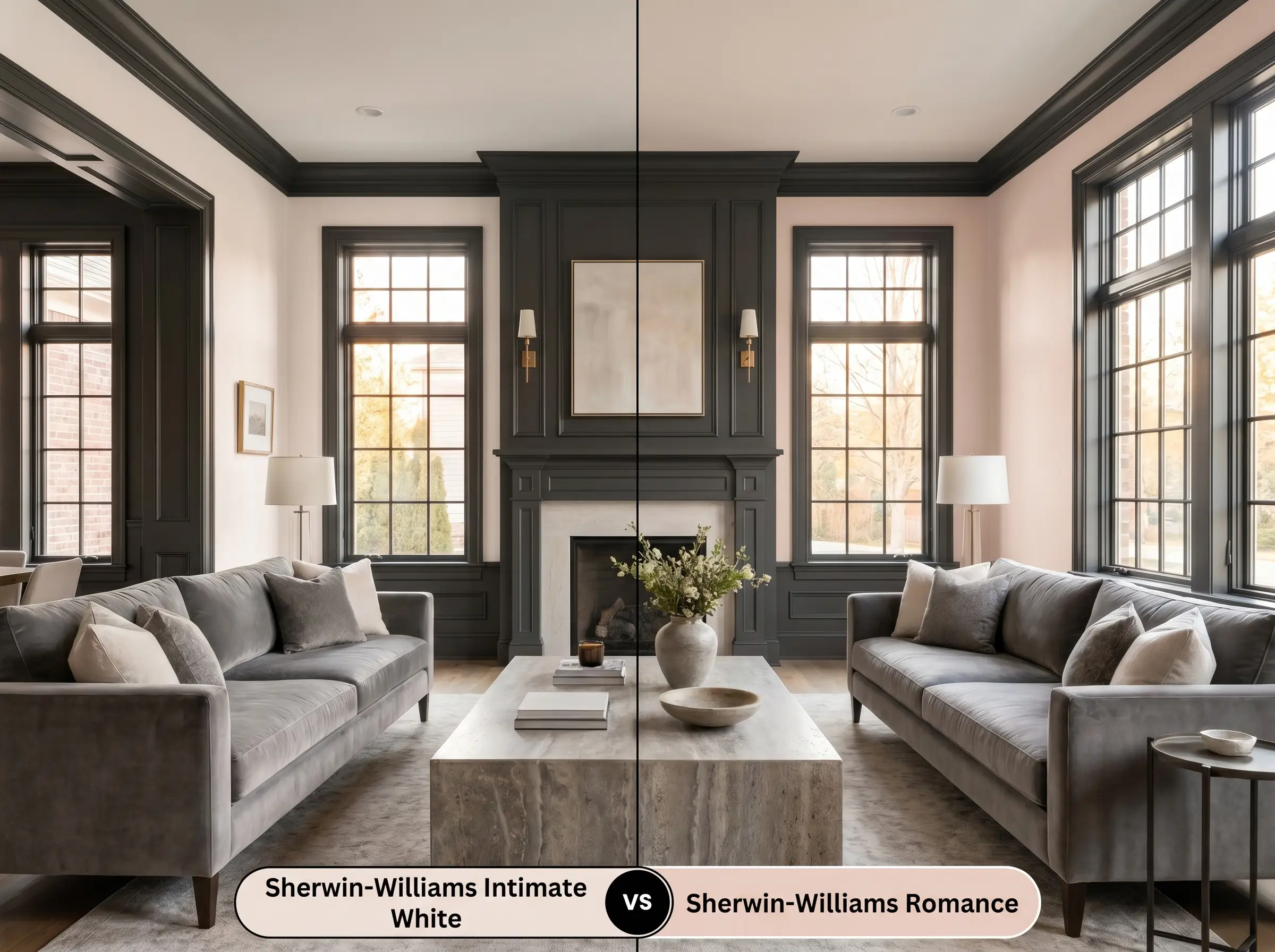 A split-screen comparison board for a living room contrasting Sherwin-Williams Intimate White (Hex #F0E1D8) on the left against Sherwin-Williams Romance (Hex #EBCFC3) on the right above a velvet sofa.