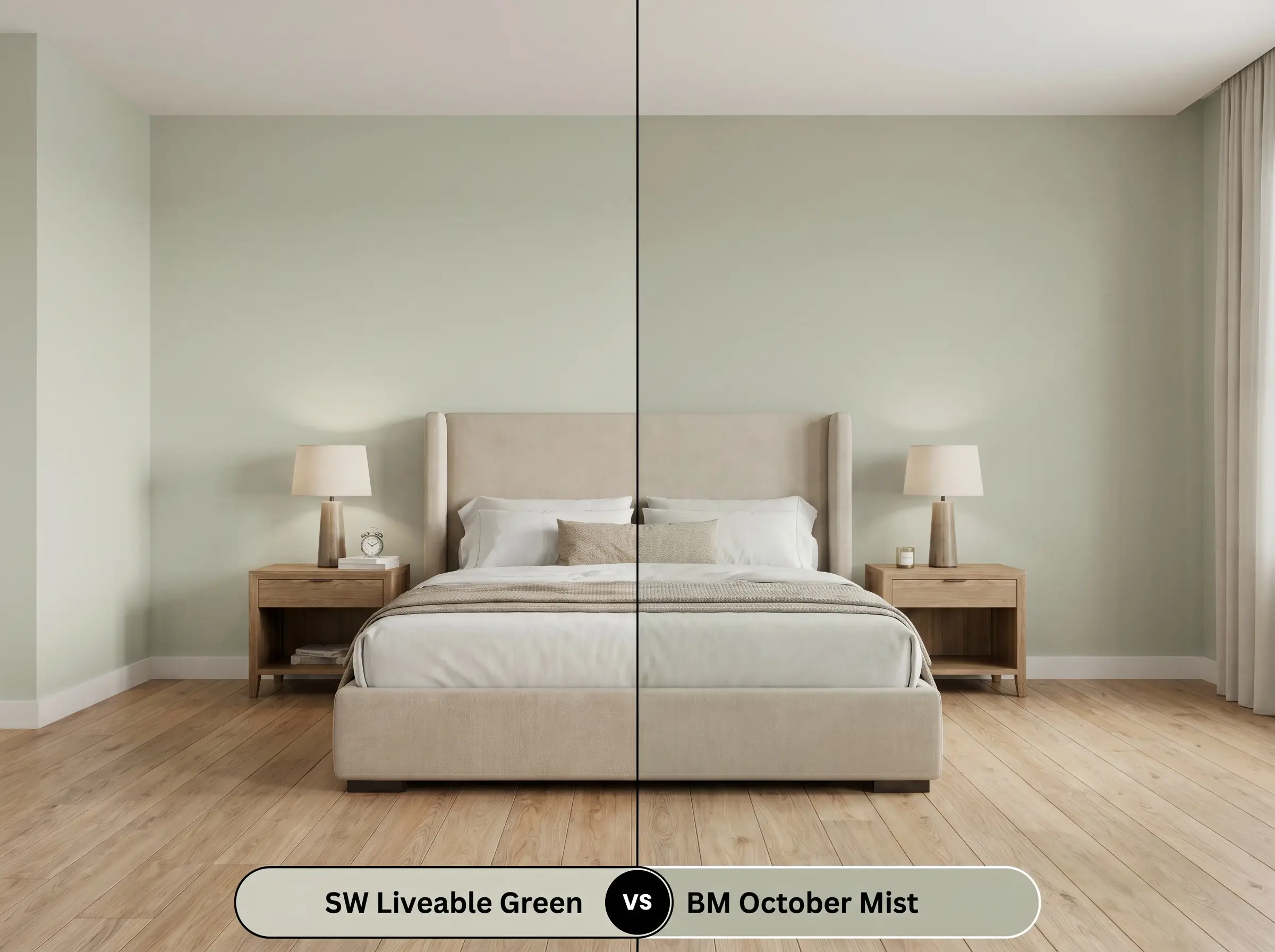 A vertical split comparison board for SW Liveable Green (Hex #CECEBD) versus BM October Mist (Hex #B6B8A5) in a primary bedroom with an upholstered headboard.