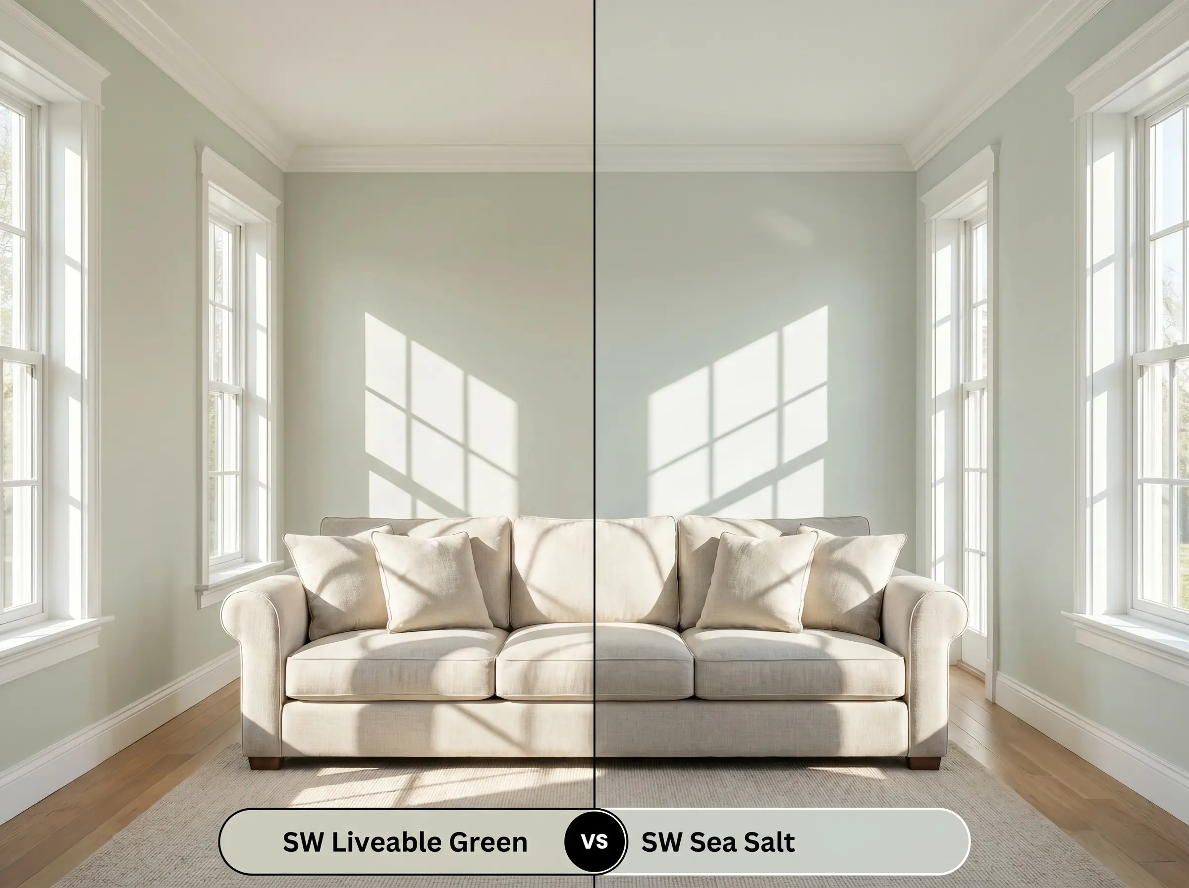 A split-screen comparison board for SW Liveable Green (Hex #CECEBD) versus SW Sea Salt (Hex #CBD1C5) in a sunlit living room with matching linen sofas.