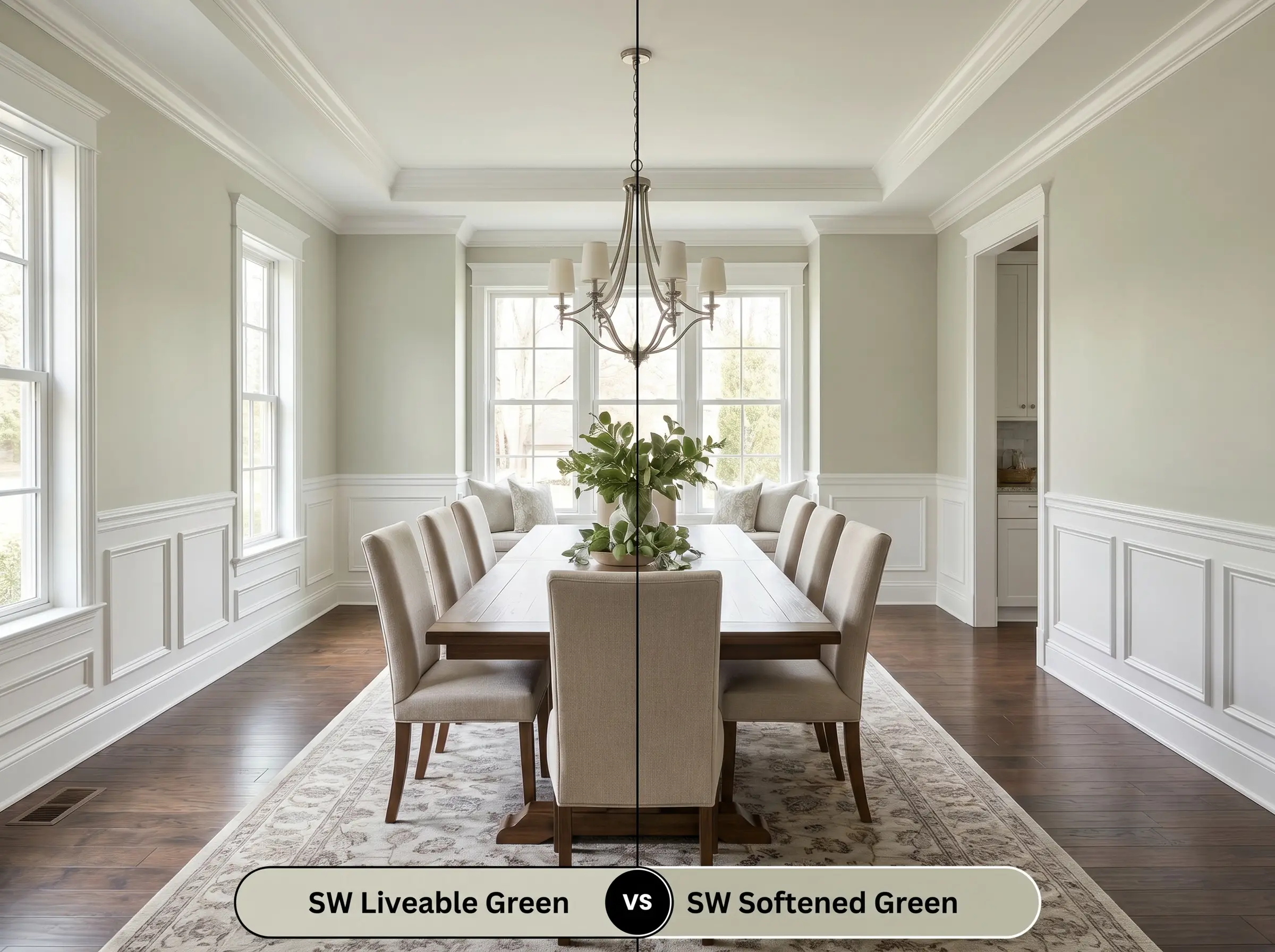 A razor-sharp split comparison board for SW Liveable Green (Hex #CECEBD) versus SW Softened Green (Hex #BBBCA7) in a dining room featuring identical wainscoting.