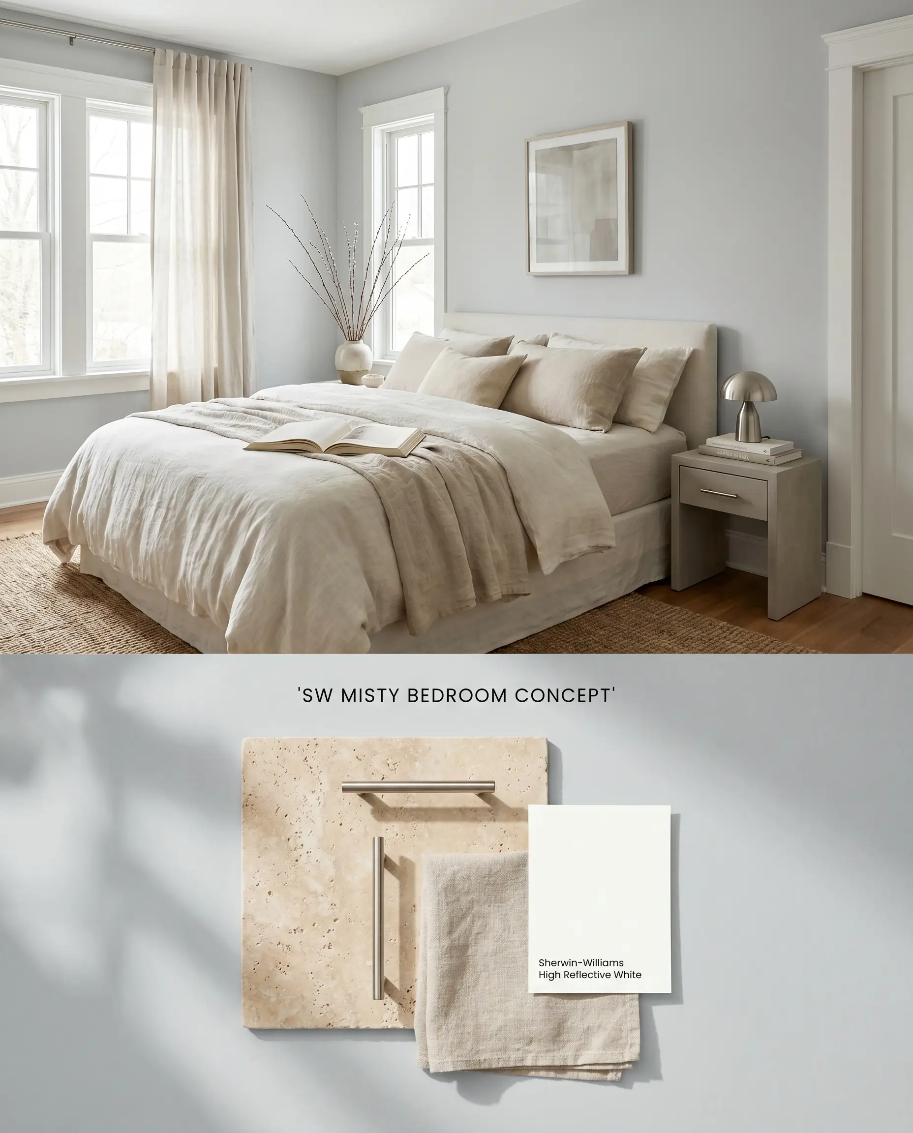 A split digital conceptual board for a sophisticated master bedroom painted in SW Misty, showing a plush bed on top and raw linen textiles below.