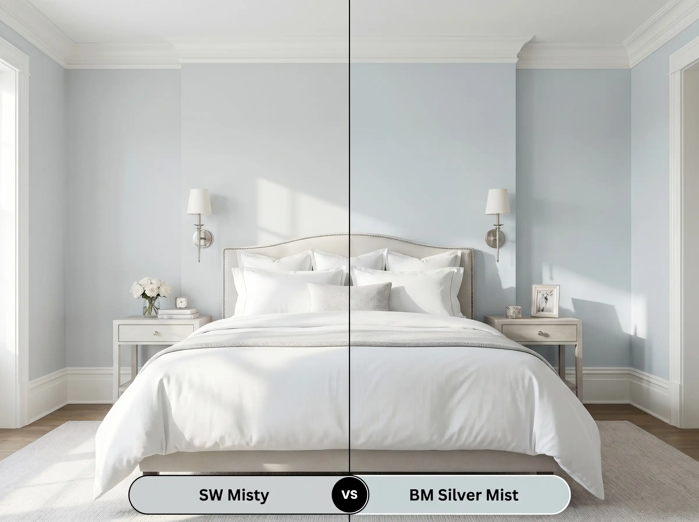 A split-screen comparison board for SW Misty (Hex #CDD2D2) versus BM Silver Mist (Hex #C9D3D7) in a sophisticated bedroom featuring brushed nickel wall sconces.