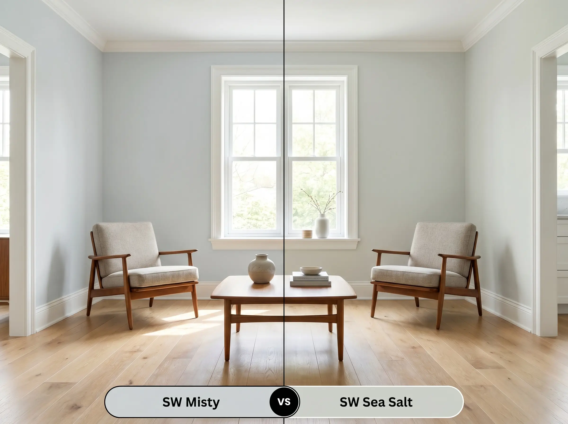 A split-screen comparison board for SW Misty (Hex #CDD2D2) versus SW Sea Salt (Hex #CDD2CA) in a crisp living room with mid-century modern armchairs.
