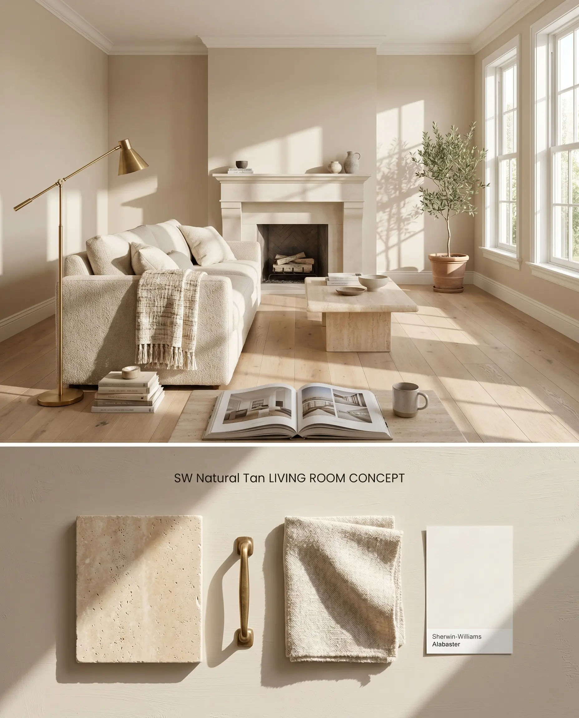 A split digital conceptual board displaying a sunlit living space with a limestone fireplace on top, and a textured warm neutral paint palette with travertine and linen swatches below.