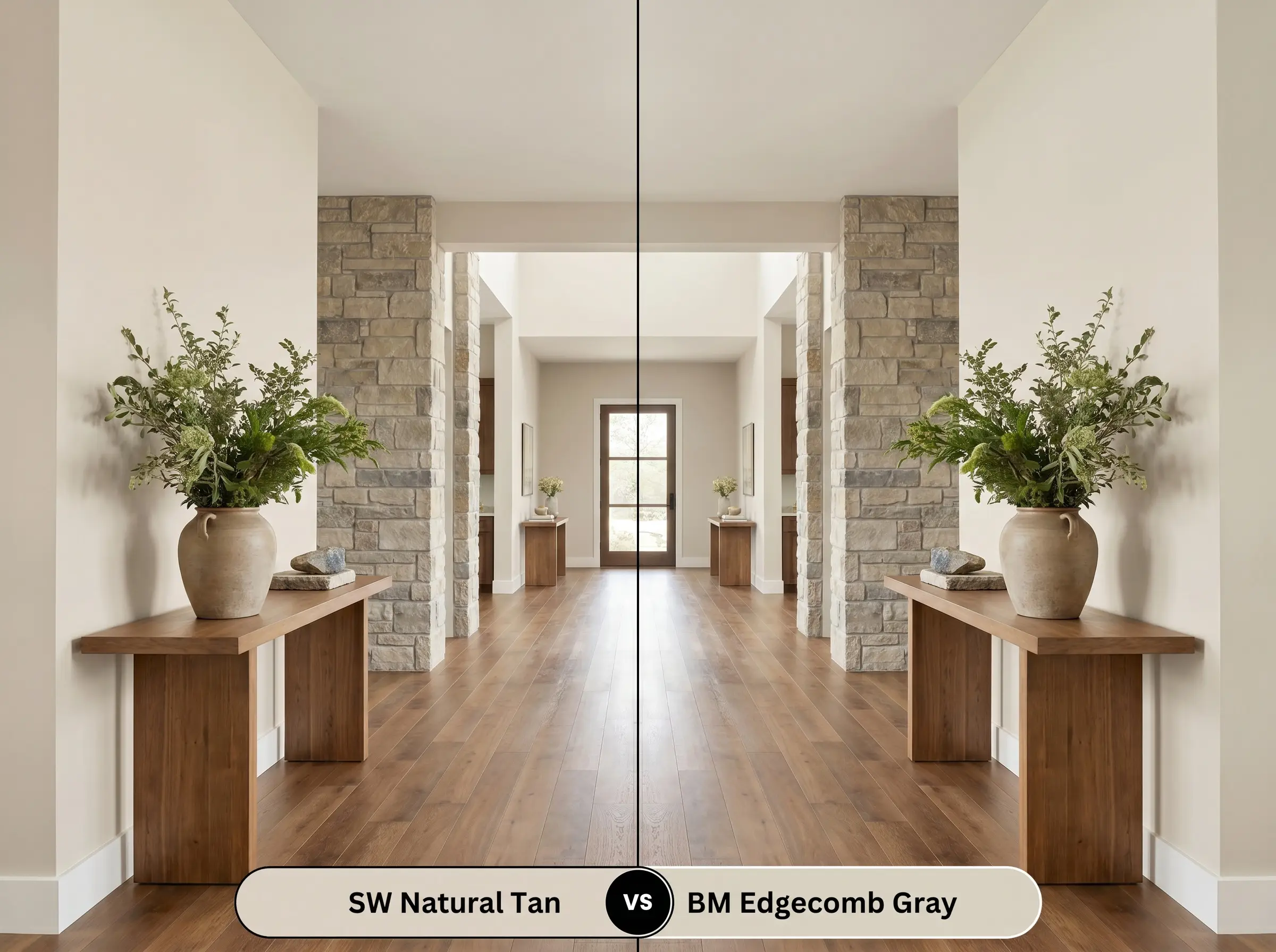 A split-screen comparison board for SW Natural Tan (Hex #DCD2C3) versus BM Edgecomb Gray in a symmetrical open-concept entryway featuring warm wood flooring and a console table.