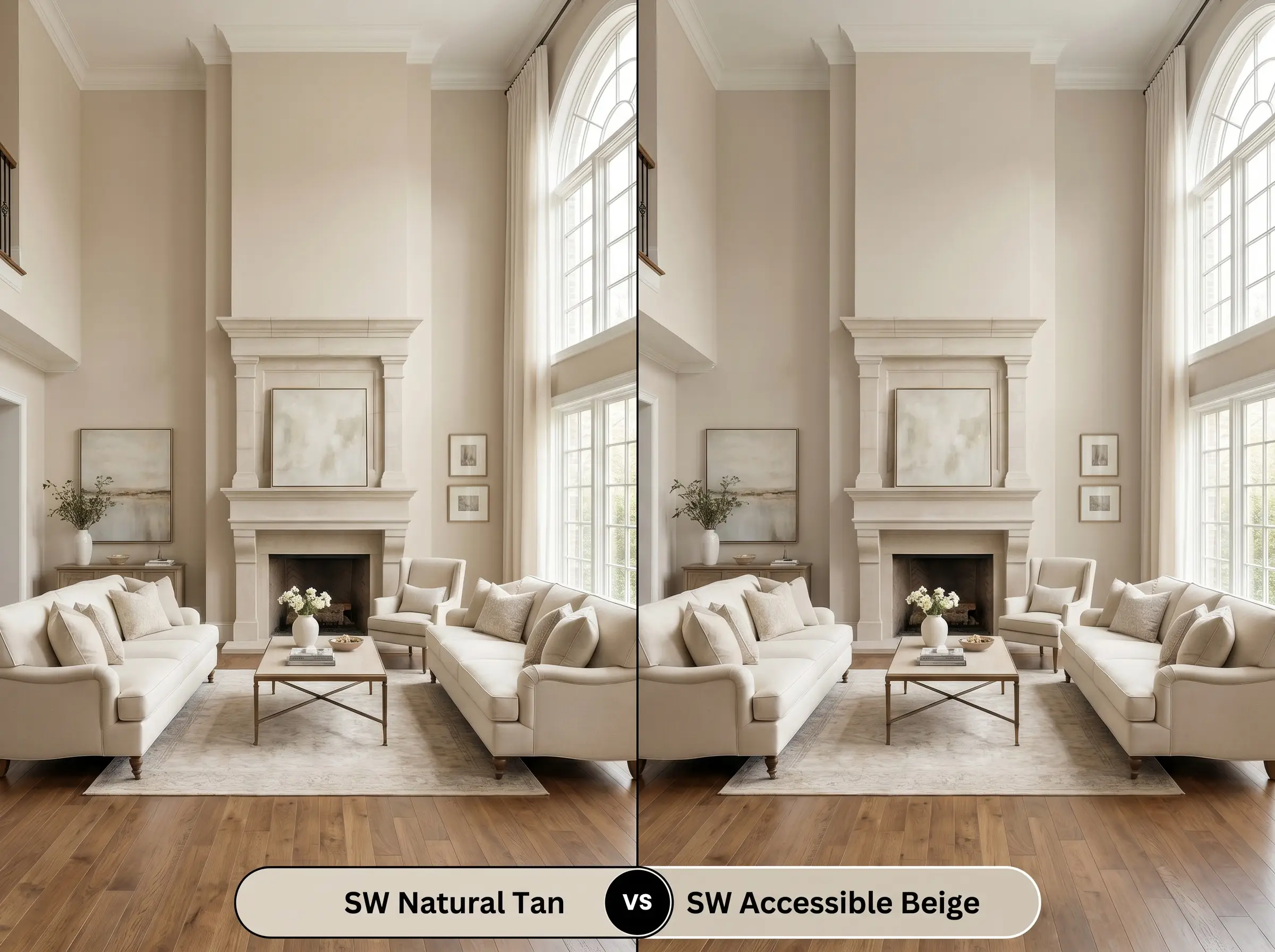A split-screen comparison board for SW Natural Tan (Hex #DCD2C3) versus SW Accessible Beige in a symmetrical high-ceilinged living room with central fireplace and identical cream sofas.