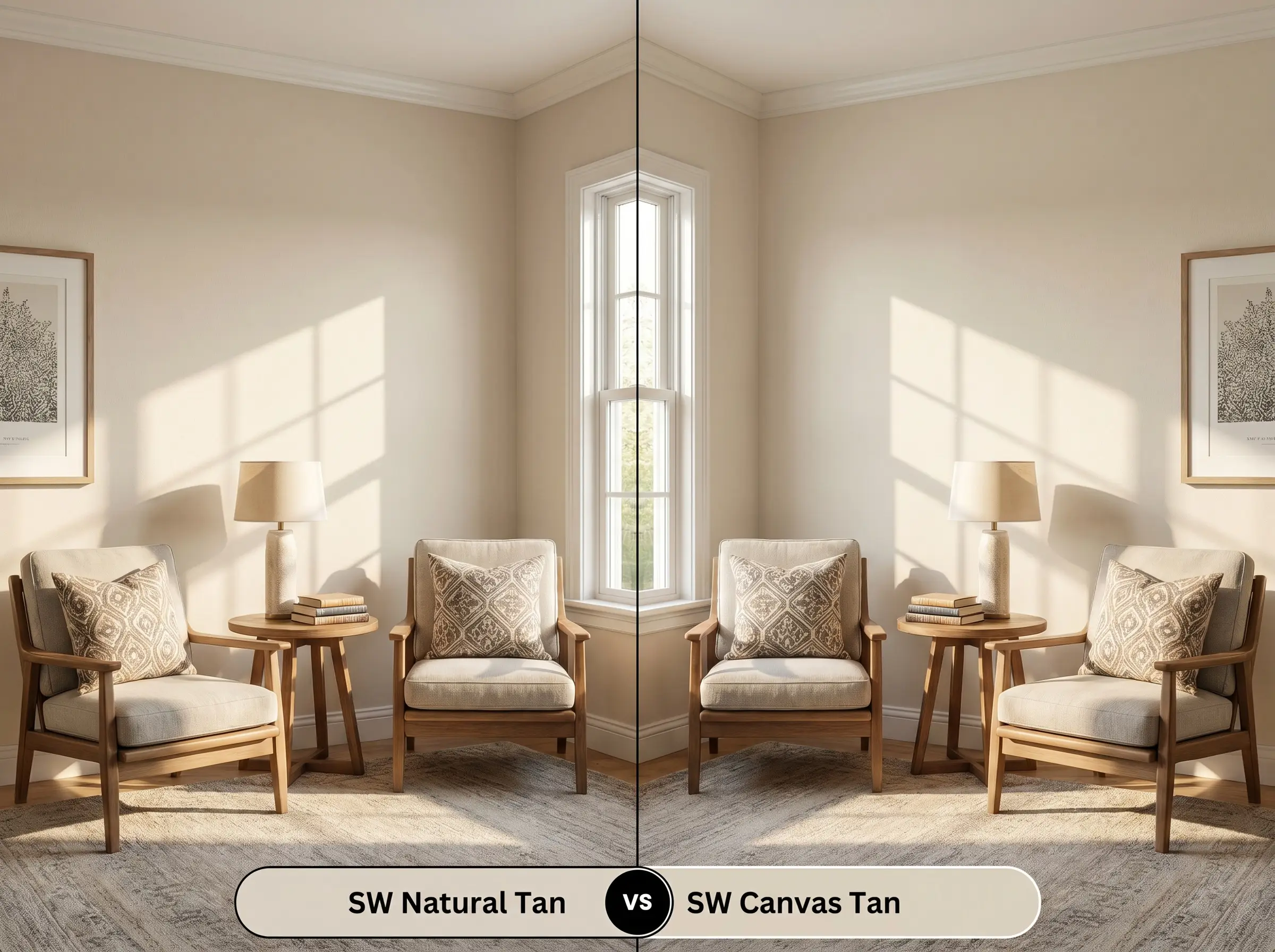A split-screen comparison board for SW Natural Tan (Hex #DCD2C3) versus SW Canvas Tan in a symmetrical sunlit sitting room with matching reading armchairs.