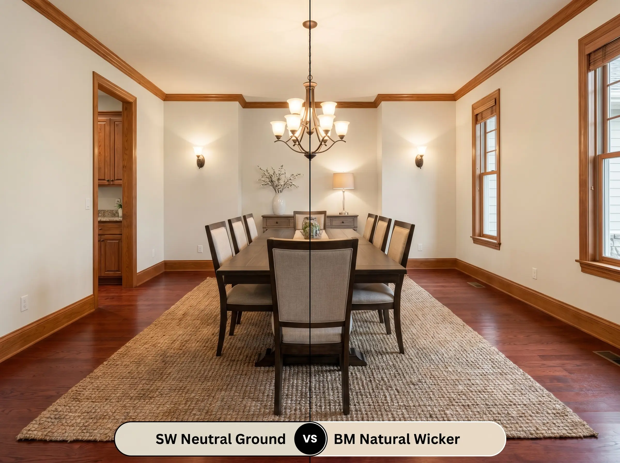 A split-screen comparison of a dining room painted in SW Neutral Ground (Hex #E2DACA) on the left and BM Natural Wicker (Hex #E9DCC8) on the right.