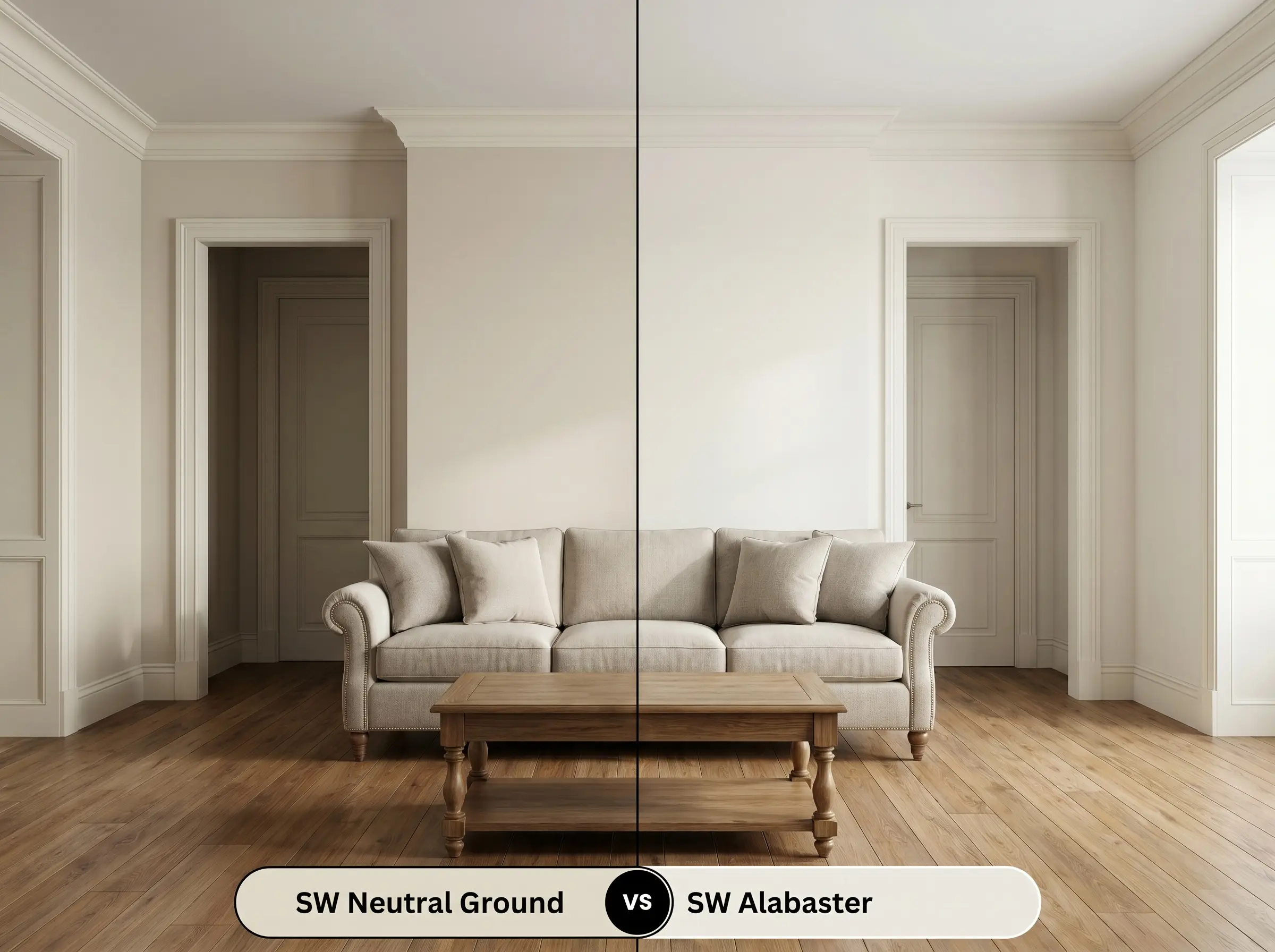 A split-screen comparison of a living room with SW Neutral Ground (Hex #E2DACA) on the left and SW Alabaster (Hex #EDEAE0) on the right.