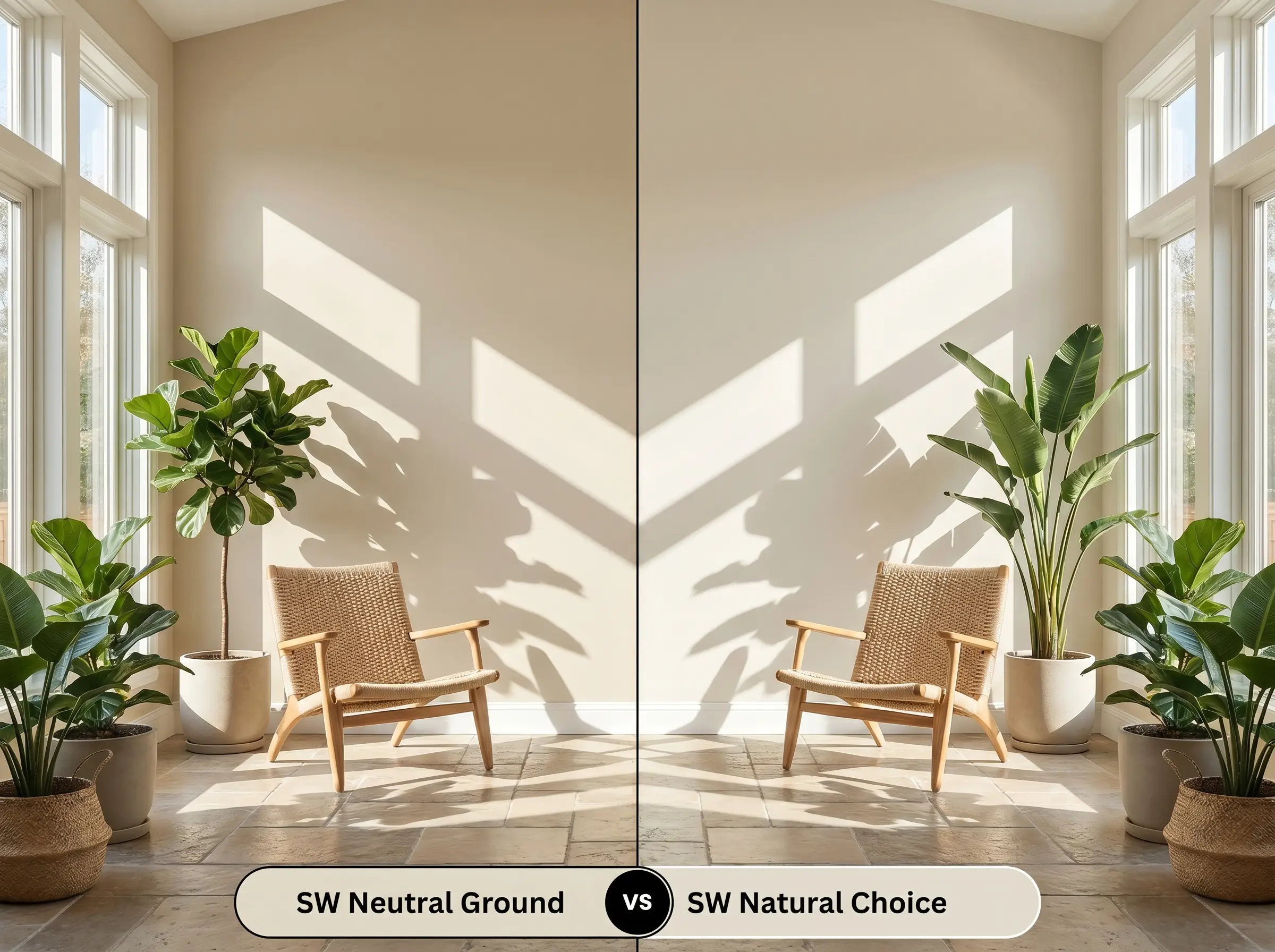 A split-screen comparison of a sunroom featuring SW Neutral Ground (Hex #E2DACA) on the left and SW Natural Choice (Hex #E3DED0) on the right.
