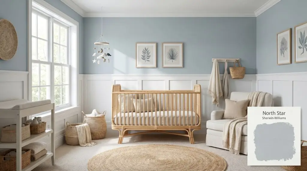 Abundant natural light pours over a natural rattan crib and crisp blue-gray walls painted in Sherwin-Williams North Star (Hex #CAD0D2) with white wainscoting.