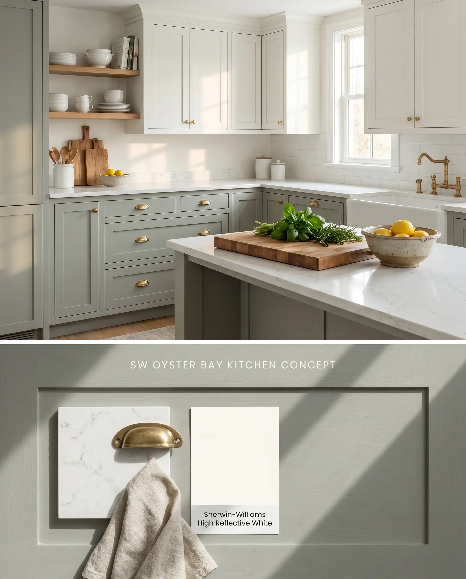 A split digital conceptual board for a kitchen showcasing gray-green architectural finish cabinets above, and a physical flat-lay of white quartz and brass below.