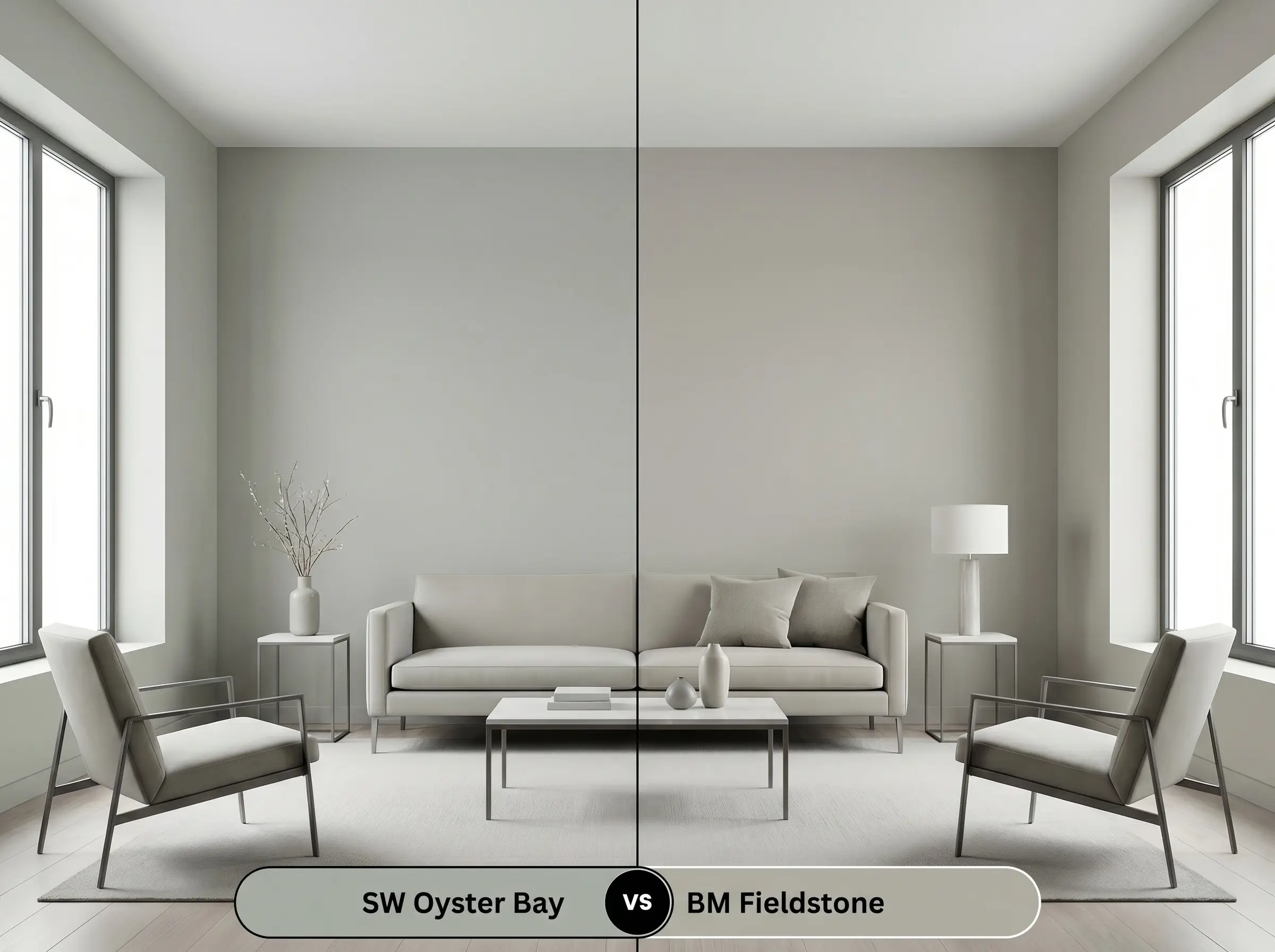 A comparison board for SW Oyster Bay (Hex #AEB3A9) versus BM Fieldstone (Hex #B0B0A5), divided sharply in a room with cool north-facing light.