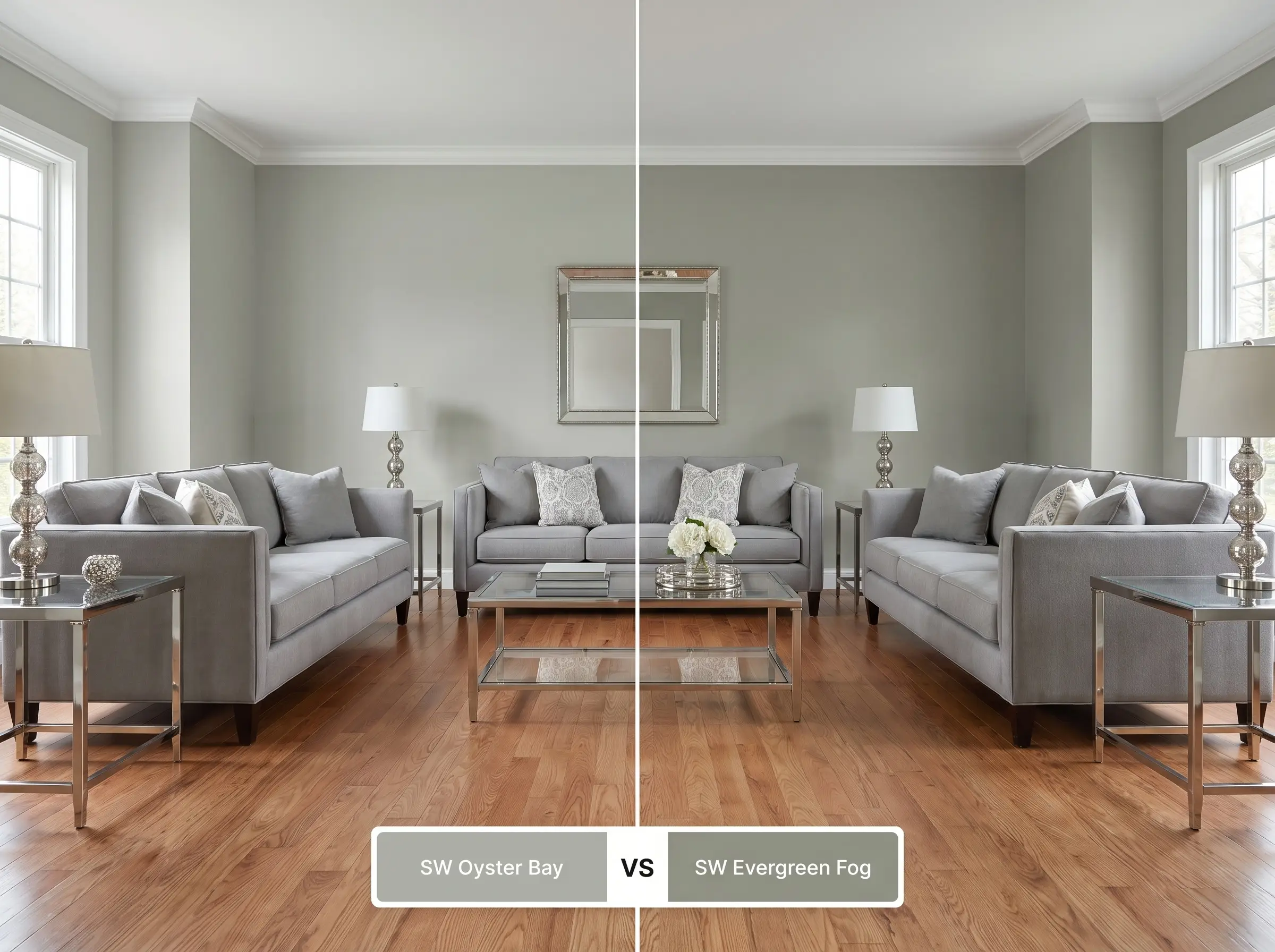 A comparison board for SW Oyster Bay (Hex #AEB3A9) versus SW Evergreen Fog (Hex #95978A), mirroring a living room with polished nickel accents.