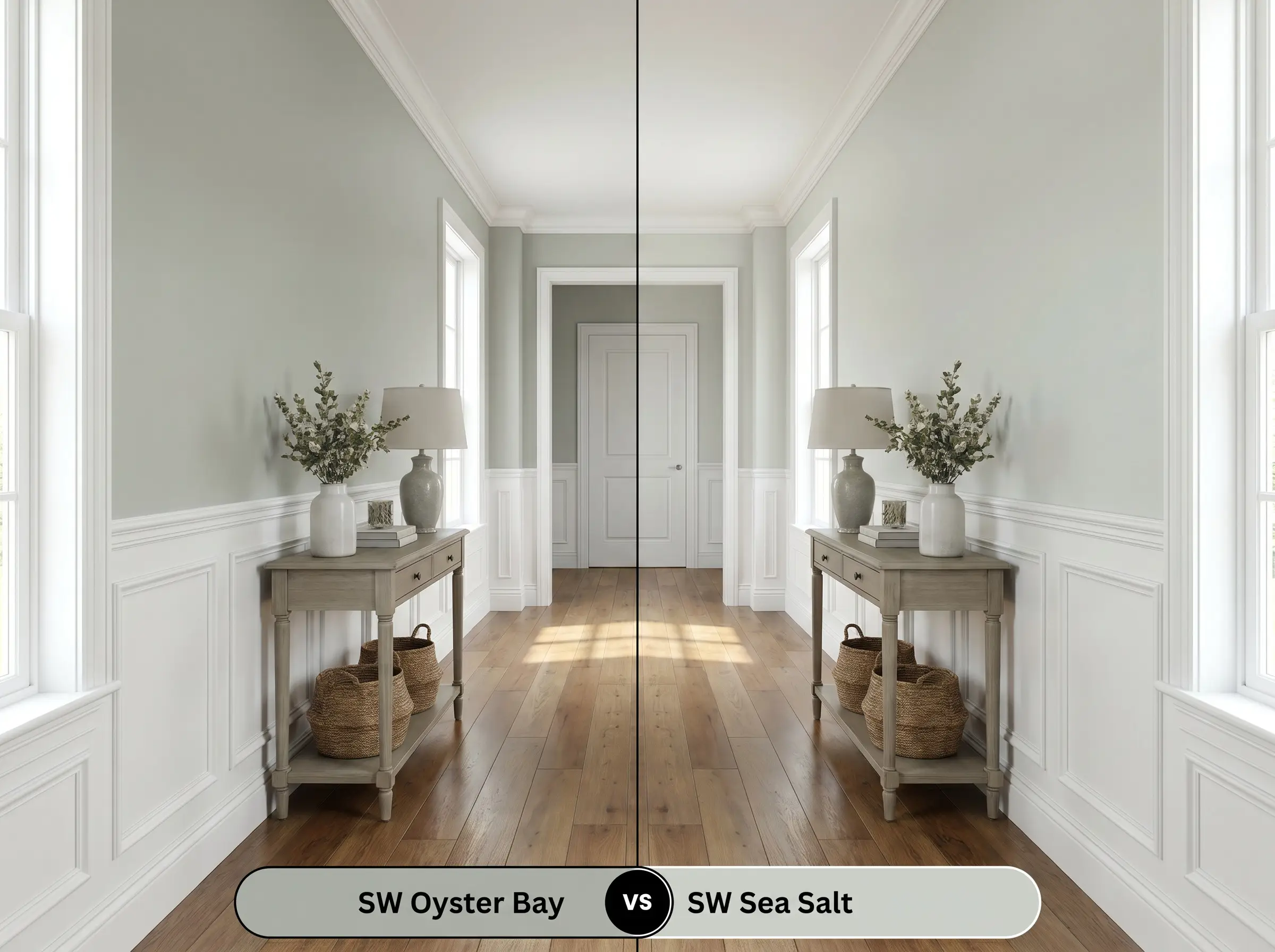 A comparison board for SW Oyster Bay (Hex #AEB3A9) versus SW Sea Salt (Hex #CDD2CA), split perfectly down a wainscoted hallway with hardwood floors.