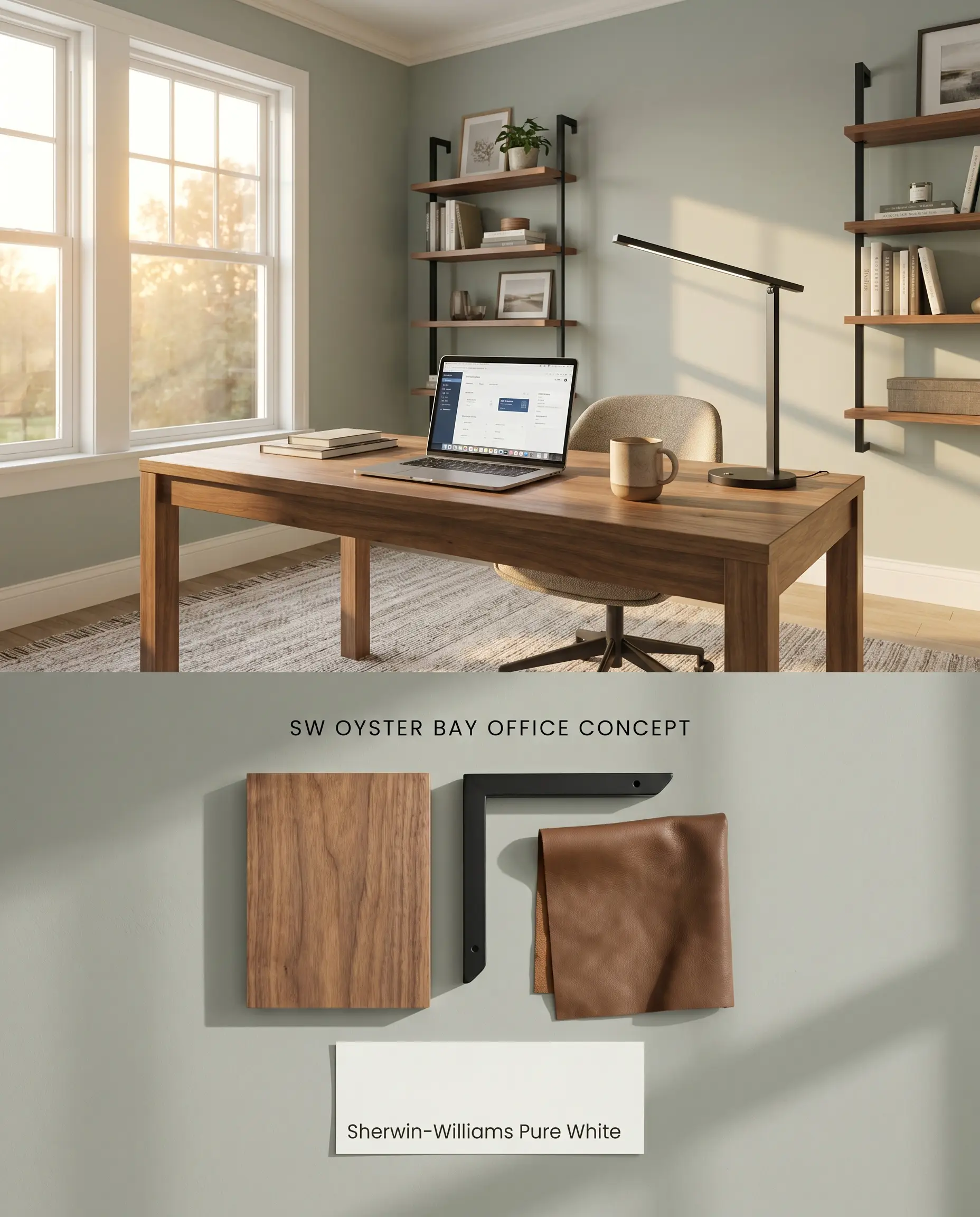 A split digital conceptual board for a home office showcasing medium-depth neutral walls above, and a flat-lay of natural walnut and black metal below.