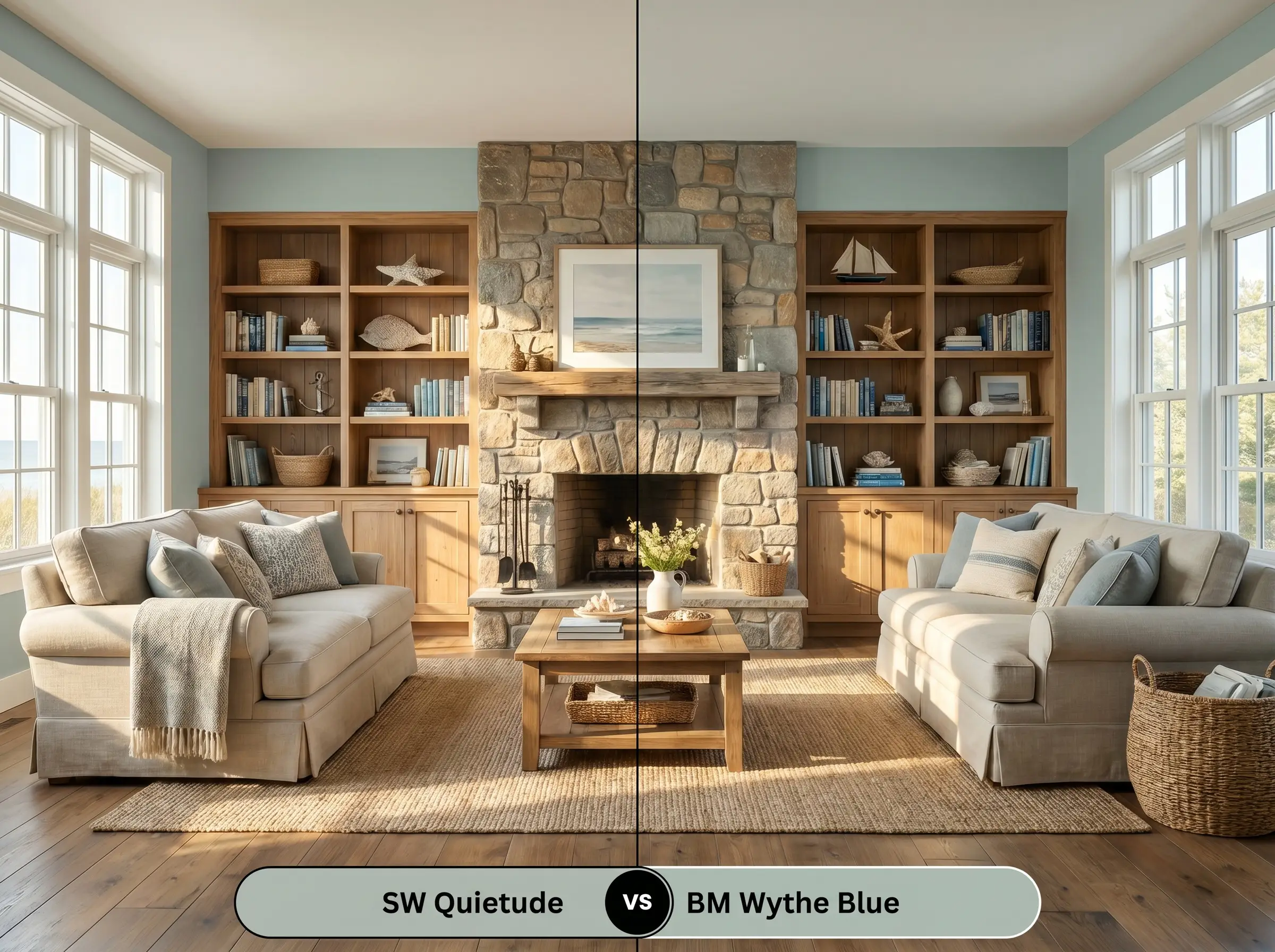 A comparison board for SW Quietude (Hex #ADBBB2) versus BM Wythe Blue (Hex #AABEB4) divided down a cozy, south-facing living room featuring a stone fireplace.