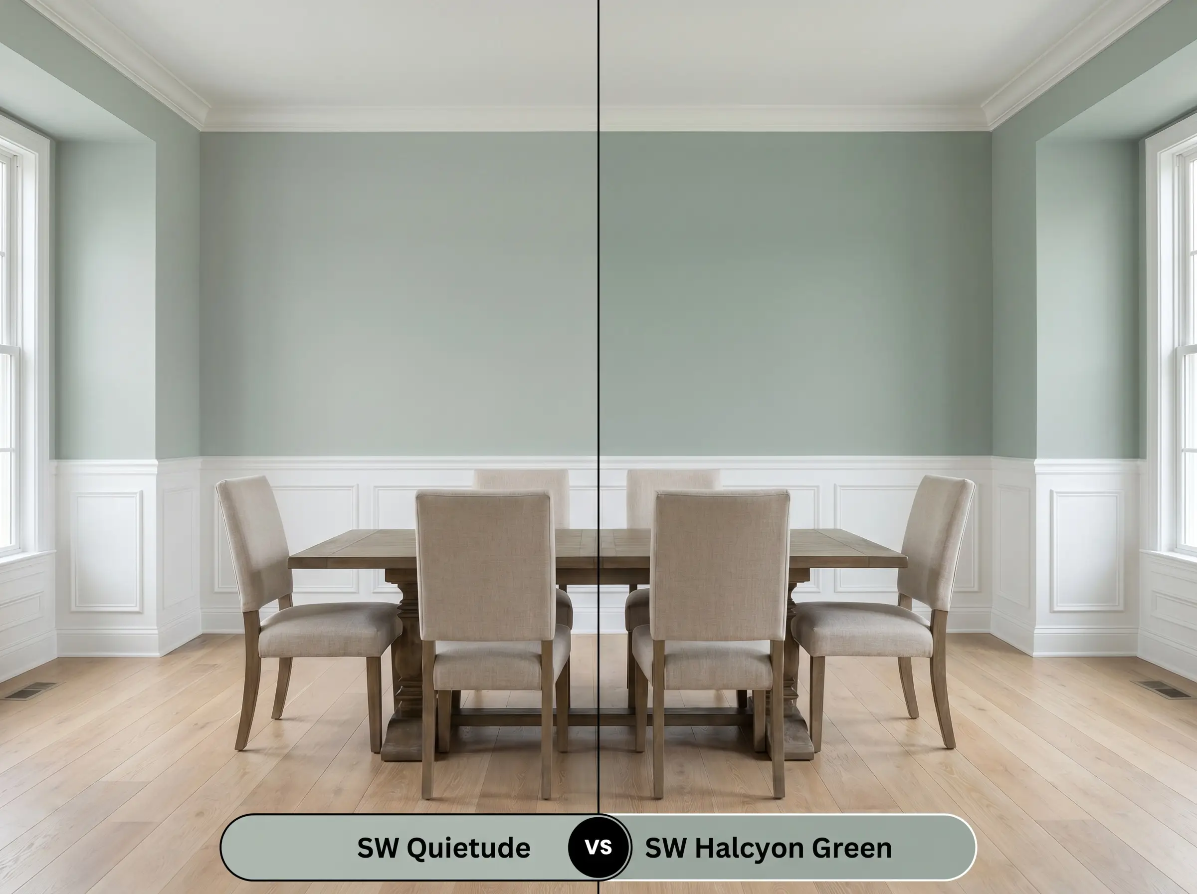 A comparison board for SW Quietude (Hex #ADBBB2) versus SW Halcyon Green (Hex #9BAAA2) split perfectly down a traditional dining room with crisp white wainscoting.