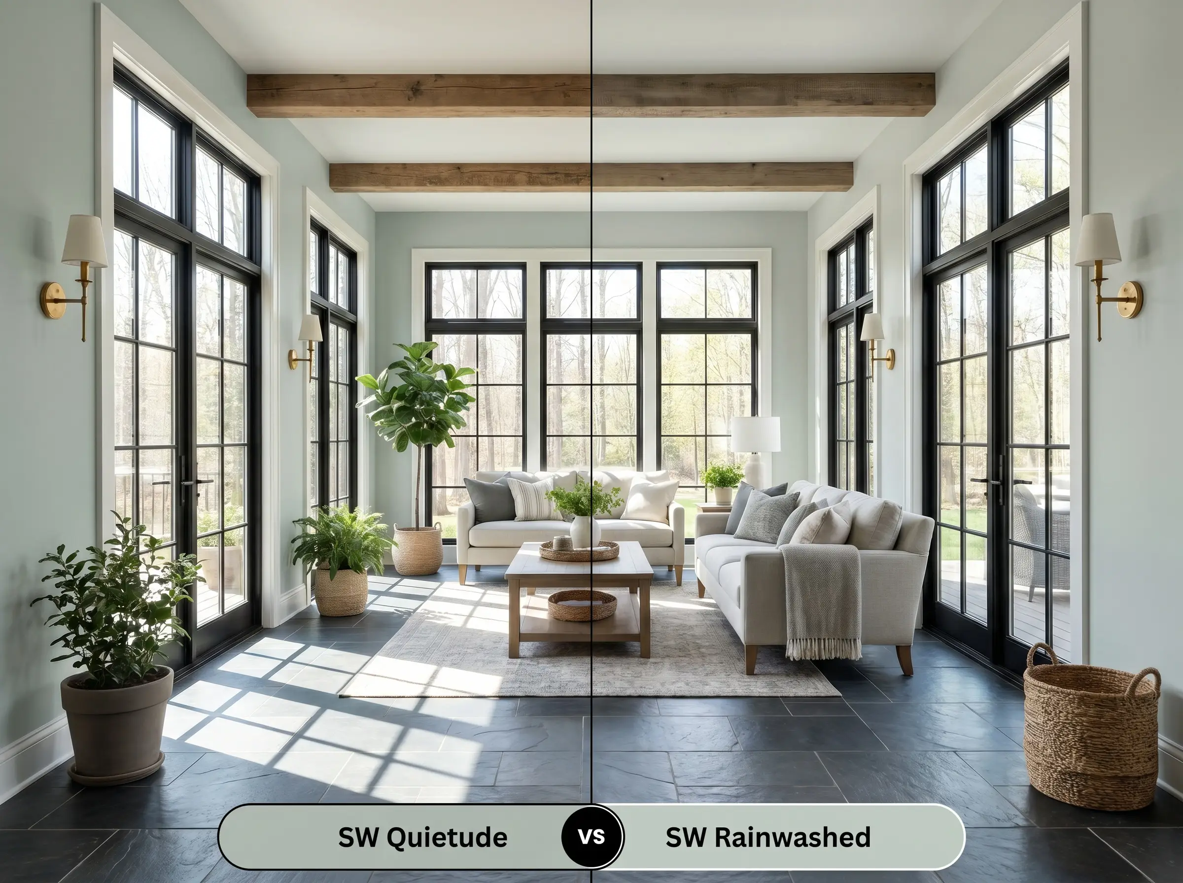 A comparison board for SW Quietude (Hex #ADBBB2) versus SW Rainwashed (Hex #C2CDC5) split vertically in an expansive sunroom with unlacquered brass wall sconces.