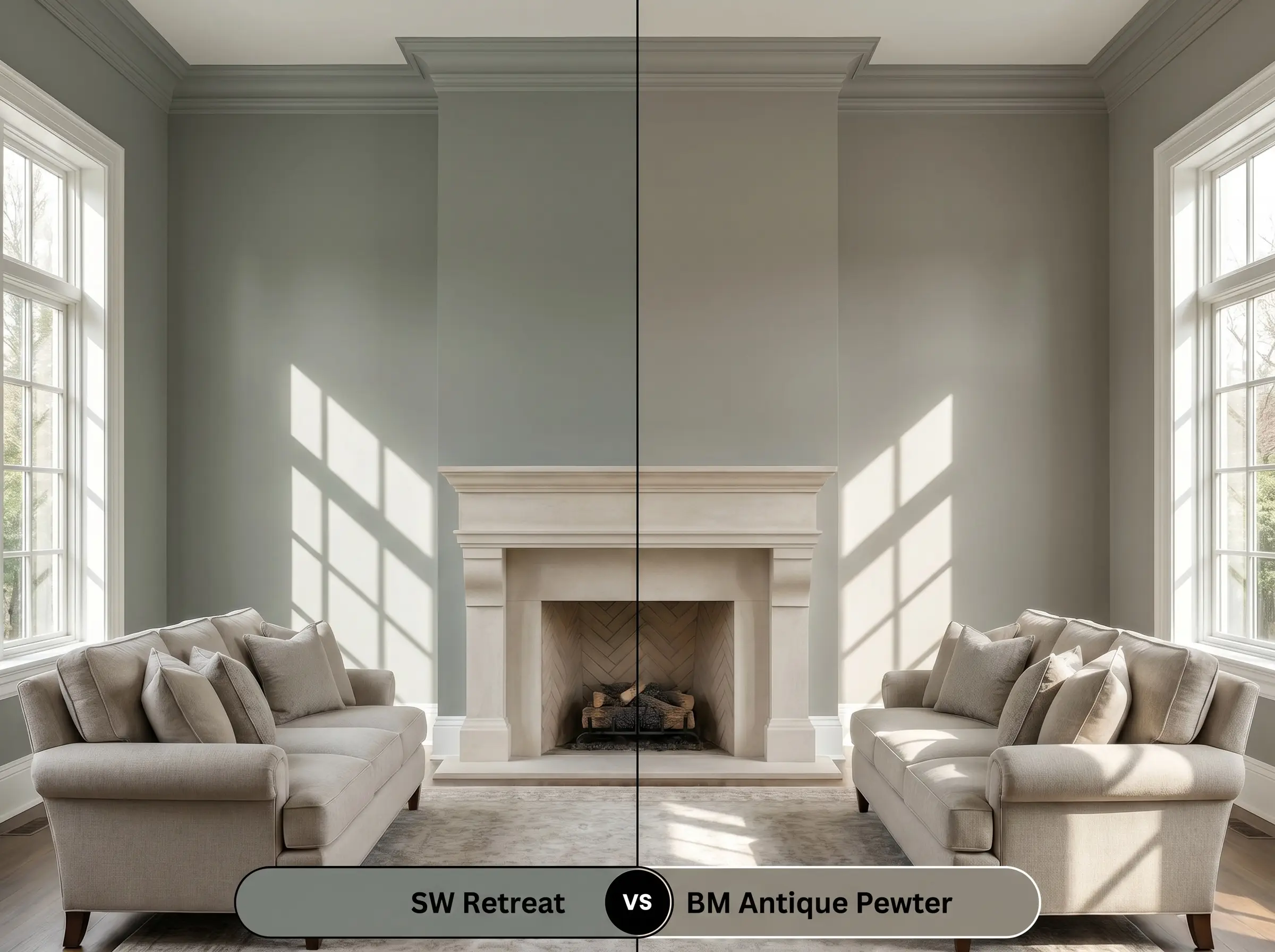 A split-screen comparison board for SW Retreat (Hex #7A8076) versus BM Antique Pewter (Hex #8C887A) applied to the walls of a grand transitional living room.