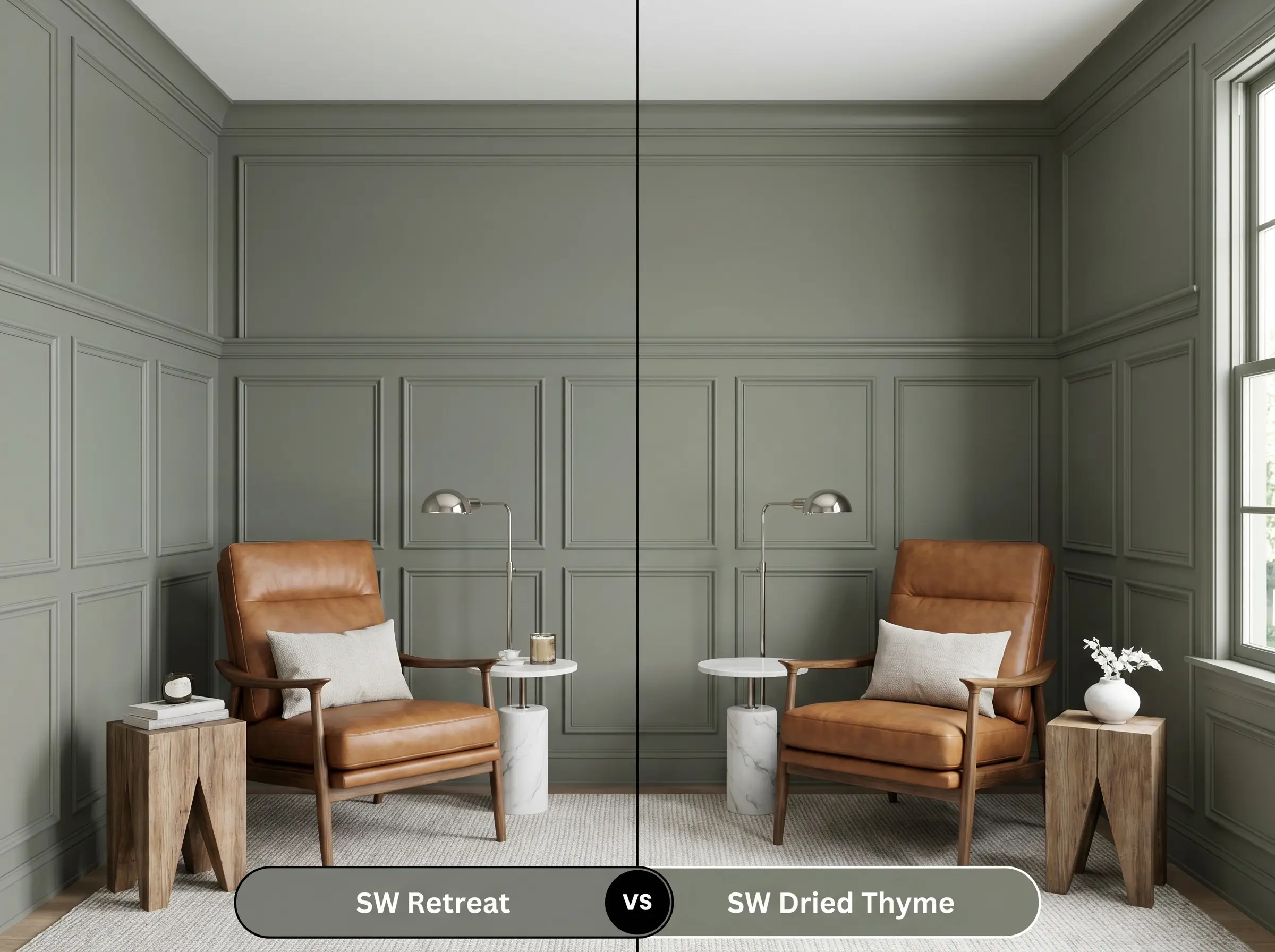 A split-screen comparison board for SW Retreat (Hex #7A8076) versus SW Dried Thyme (Hex #7B8070) applied to classic wainscoting in a transitional study.