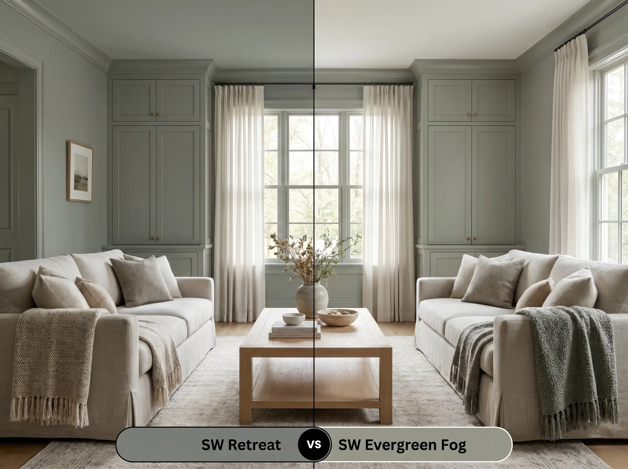 A split-screen comparison board for SW Retreat (Hex #7A8076) versus SW Evergreen Fog (Hex #95978A) applied to living room built-in cabinetry and walls.