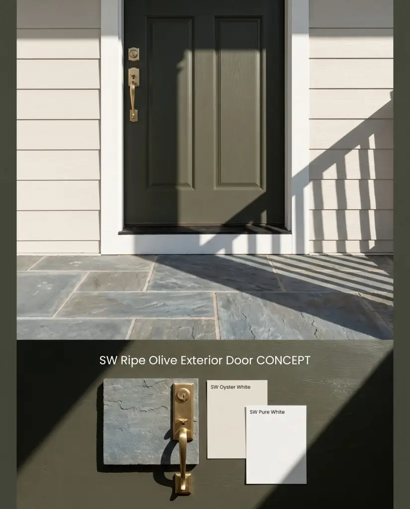 A split composite board featuring a dark green exterior door above, and physical bluestone paver and satin brass samples below.