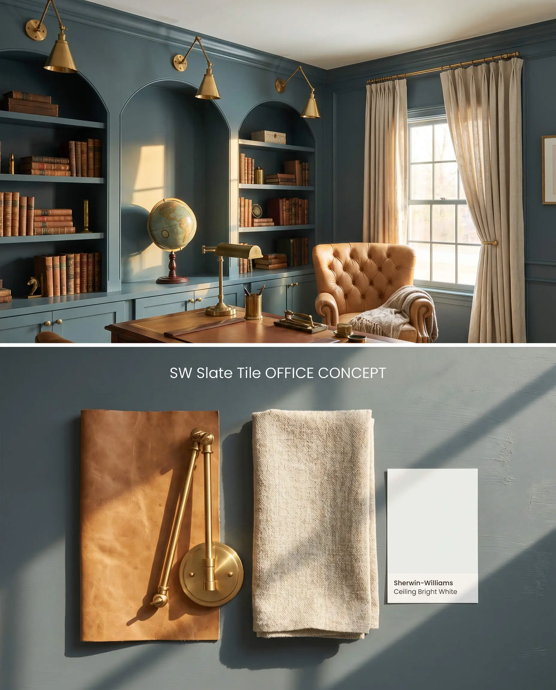 A split-screen material board capturing a home office fully wrapped in SW Slate Tile on top, alongside physical elements like camel leather on the textured bottom.