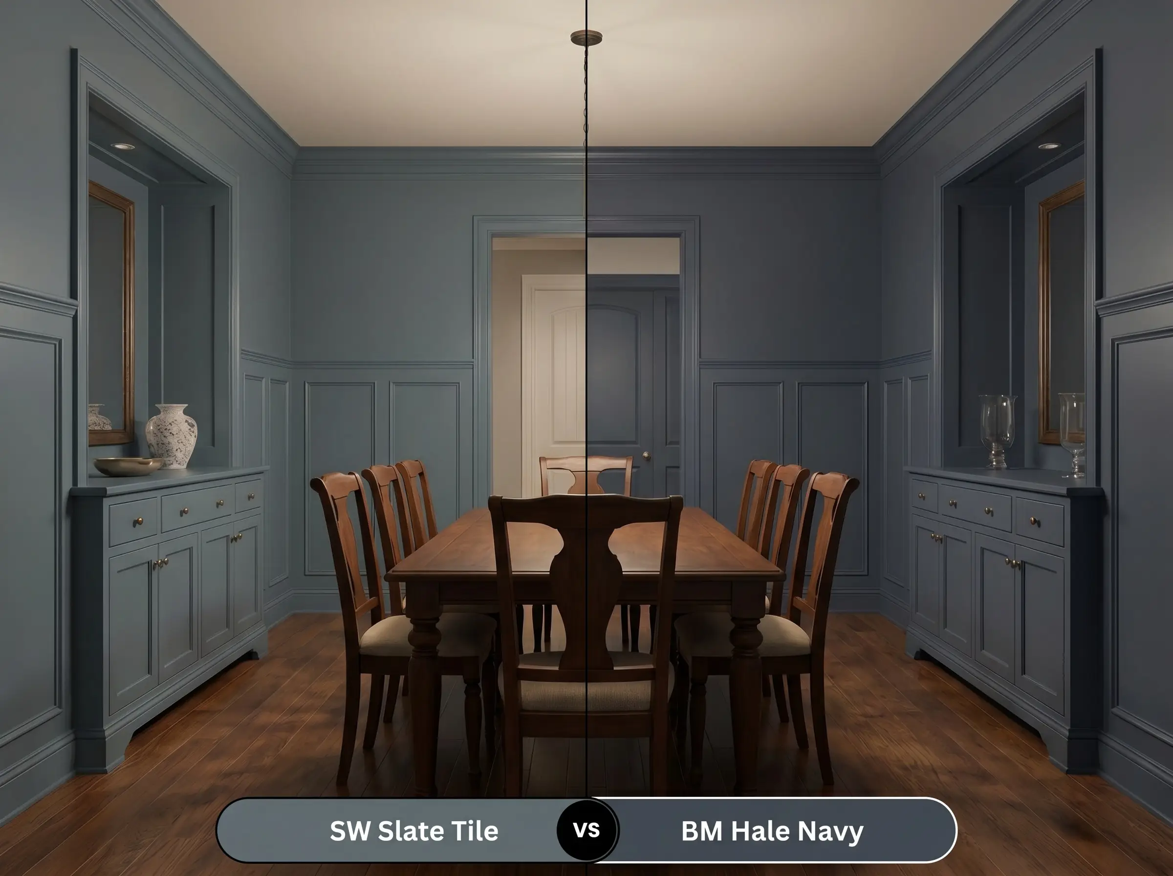 A side-by-side split rendering of a traditional dining room with SW Slate Tile (Hex #606E74) on the left and BM Hale Navy (Hex #434B56) on the right, highlighting elegant wainscoting.