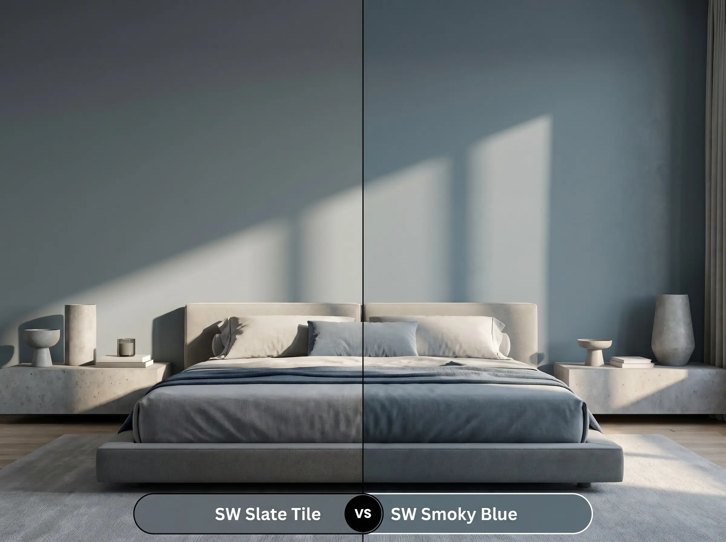 A split-screen comparison board for an urban bedroom featuring SW Slate Tile (Hex #606E74) on the left versus SW Smoky Blue (Hex #596E79) on the right, highlighting dynamic architectural shifts.