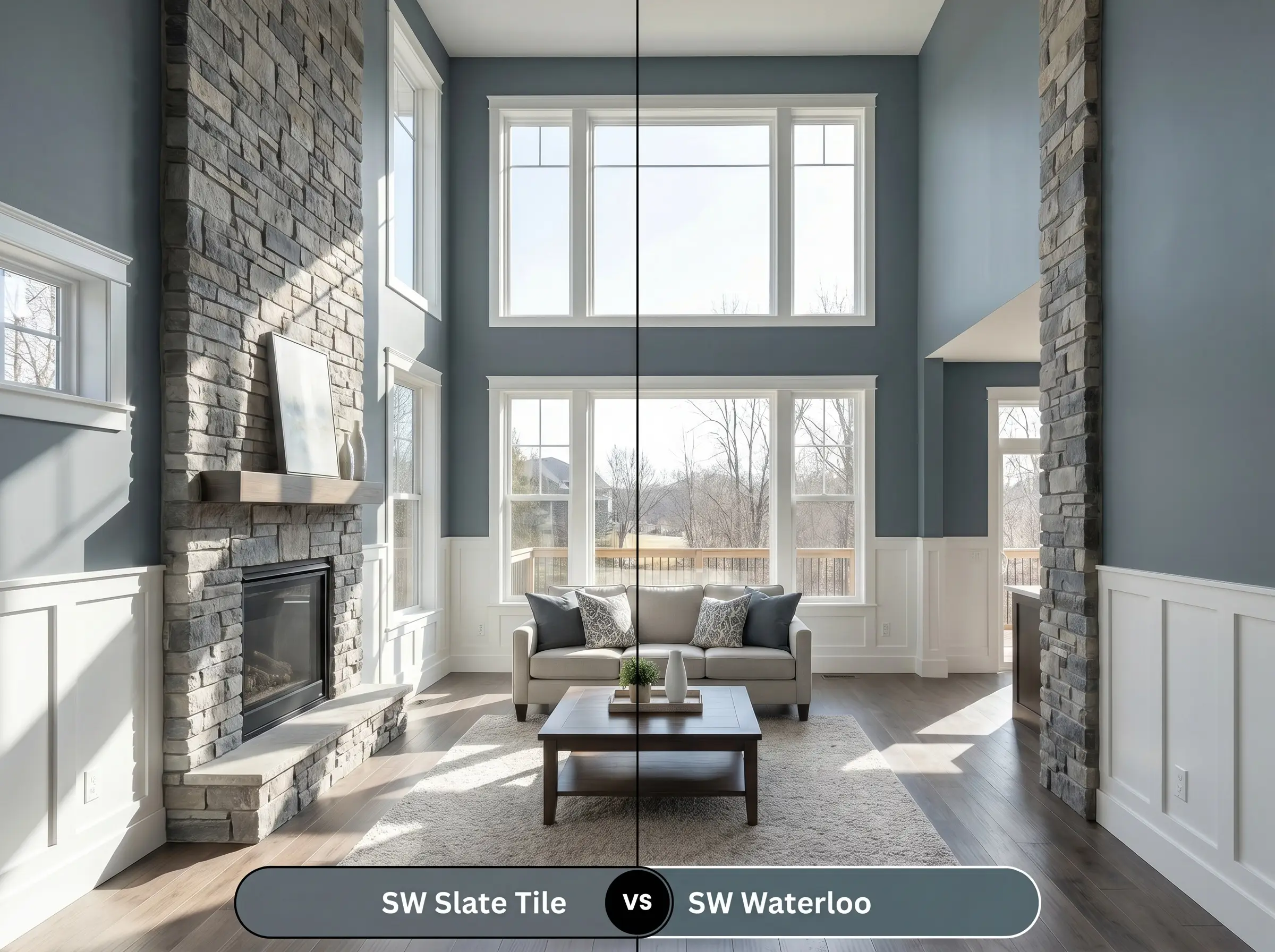 A direct visual comparison board for a living room featuring SW Slate Tile (Hex #606E74) on the left versus SW Waterloo (Hex #536872) on the right, showcasing cool-toned stonework.