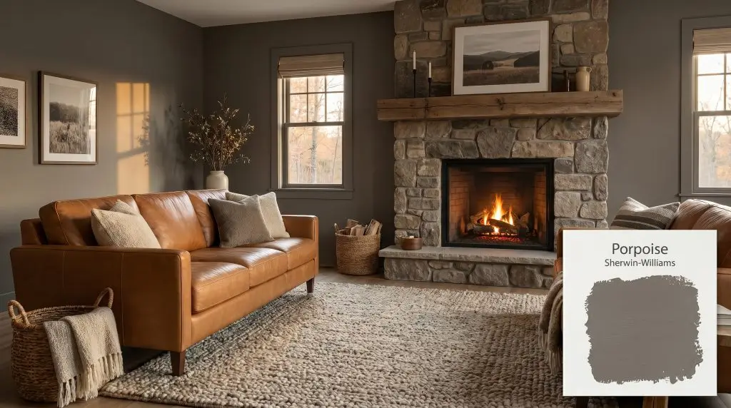A stone fireplace and a textured wool rug ground a caramel leather sofa surrounded by Sherwin-Williams Porpoise (Hex #6B645B) painted walls.