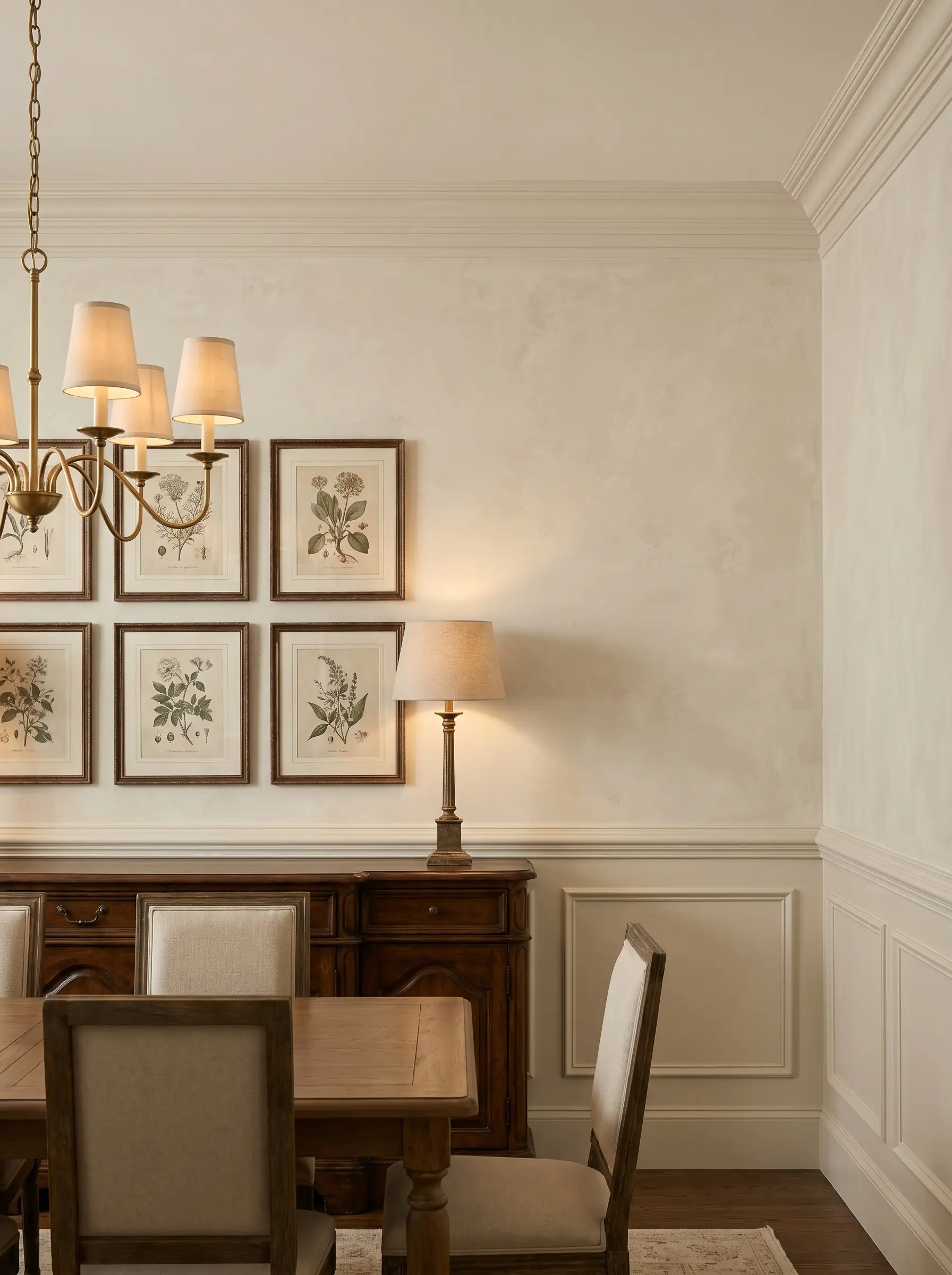 A warm brass chandelier illuminates an antique-inspired wooden console table, thick crown molding, and one of the best Behr ceiling paint colors.