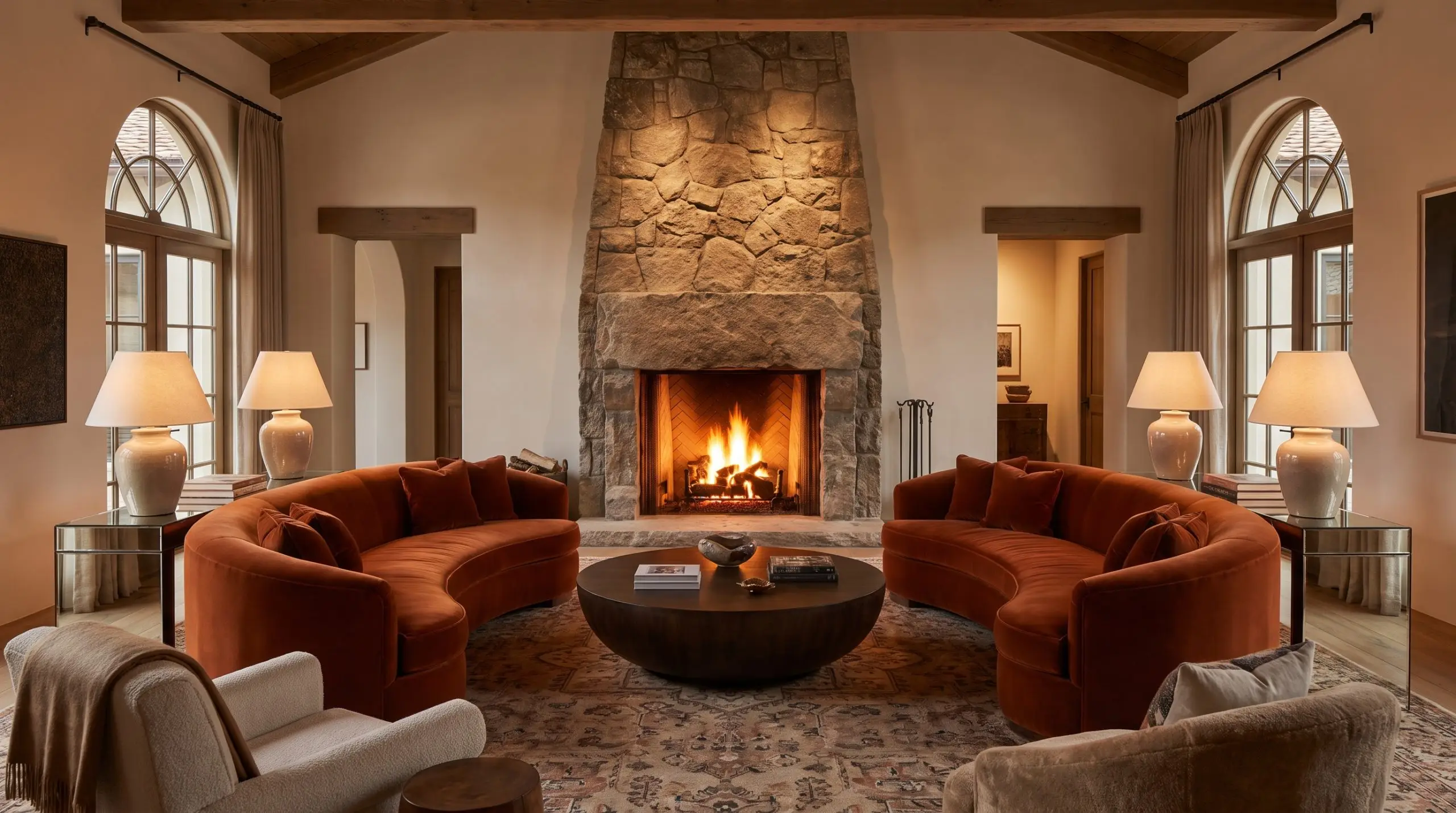 Two identical curved sofa design pieces face each other around a low round coffee table and a monumental stone fireplace to form conversational seating.