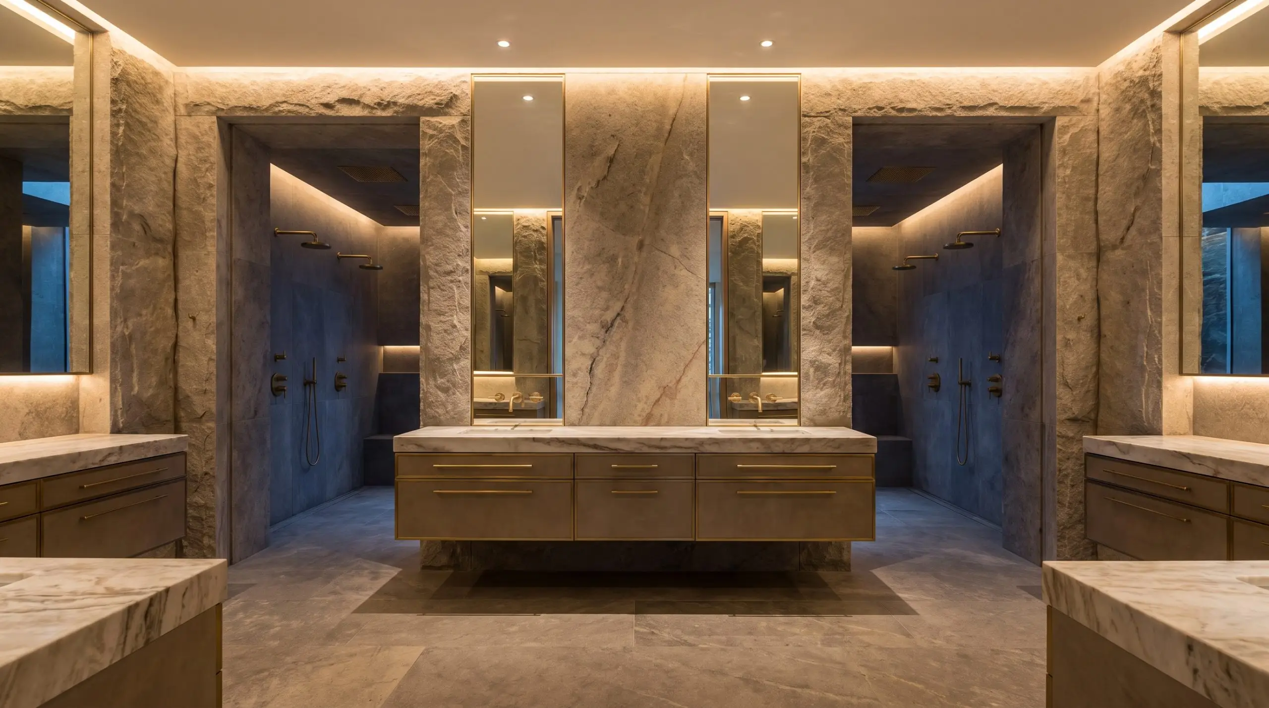 A massive floating vanity wall stands before a symmetrical double-entry doorless walk-in shower clad in natural stone walls and unlacquered brass fixtures.