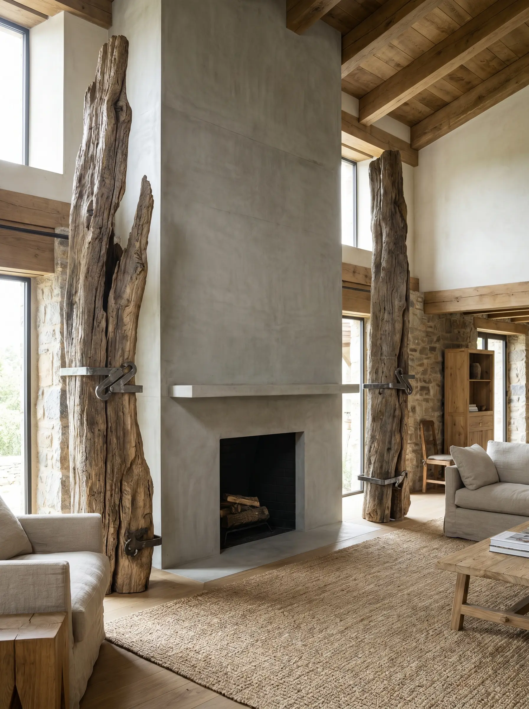 Two massive vertical driftwood logs flank a smooth honed concrete fireplace surround in an earthy architectural living space.