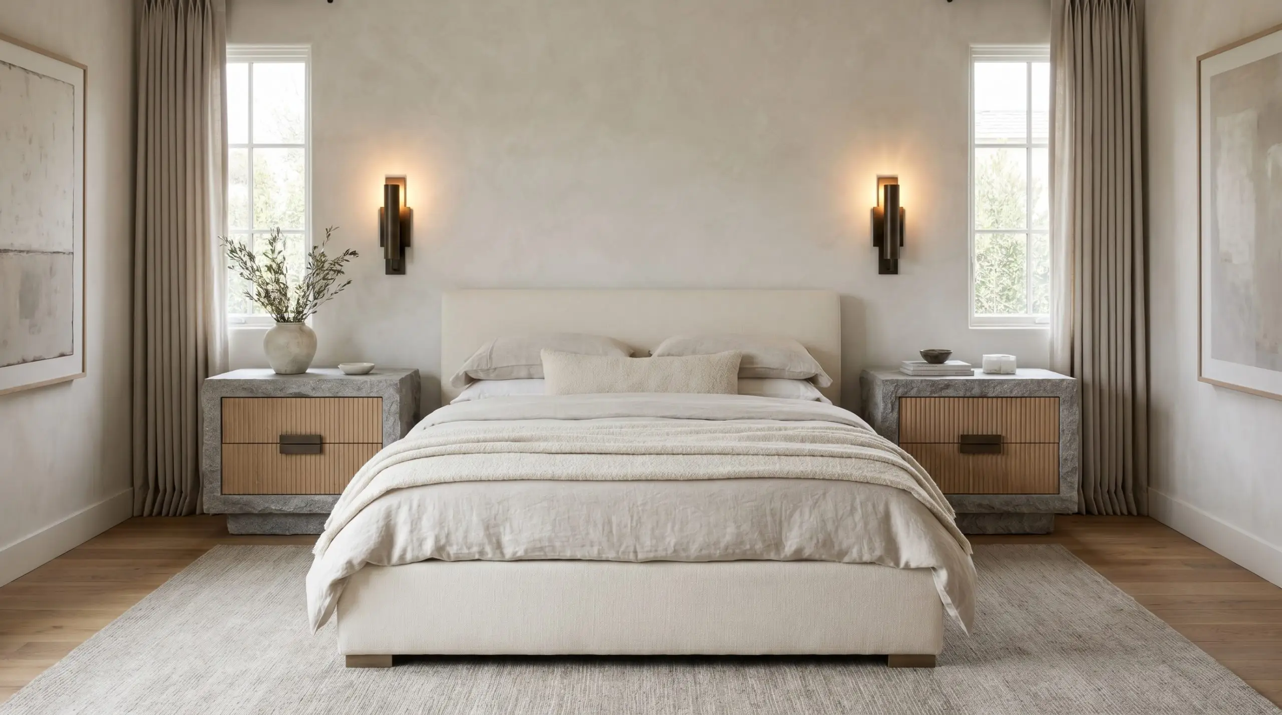 Identical heavy stone block nightstands with fluted oak details and matching architectural sconces flank a luxurious bed, creating a perfectly balanced and equitable modern bedroom layout.