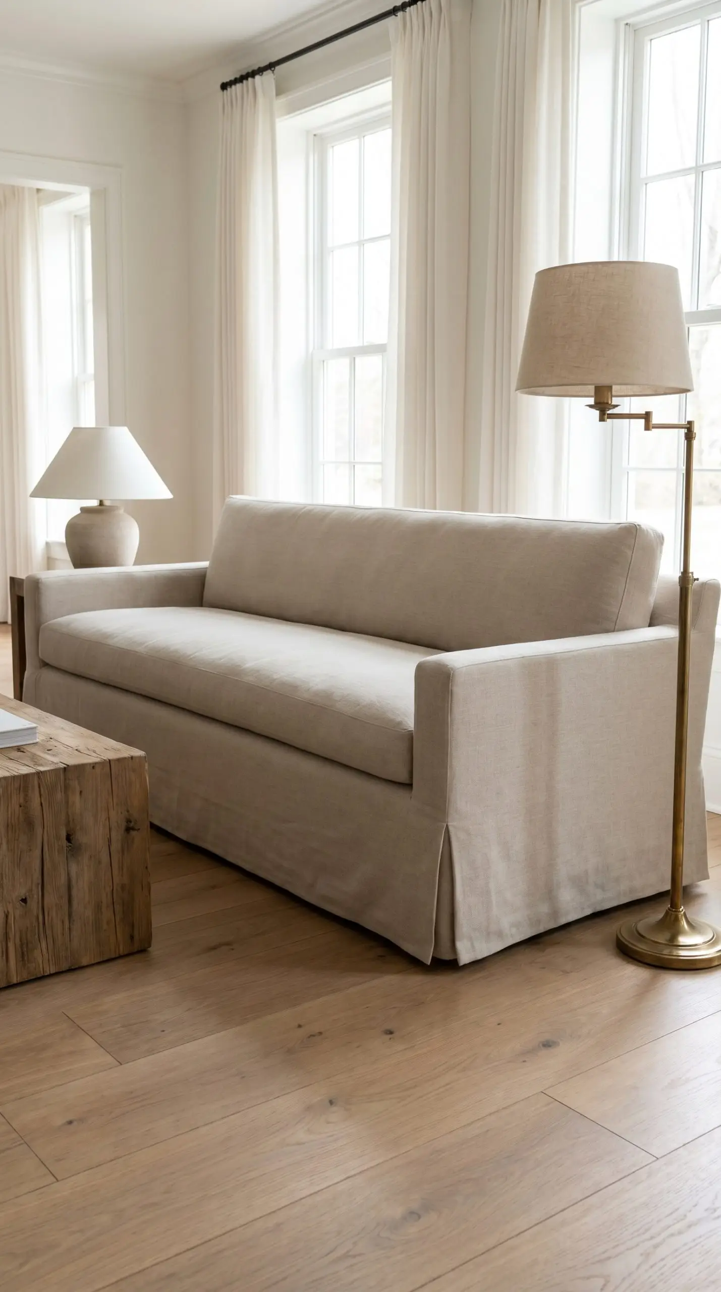 A structured modern sofa upholstered in heavyweight performance Belgian linen features a tailored skirt beside a raw timber side table and vintage floor lamp.