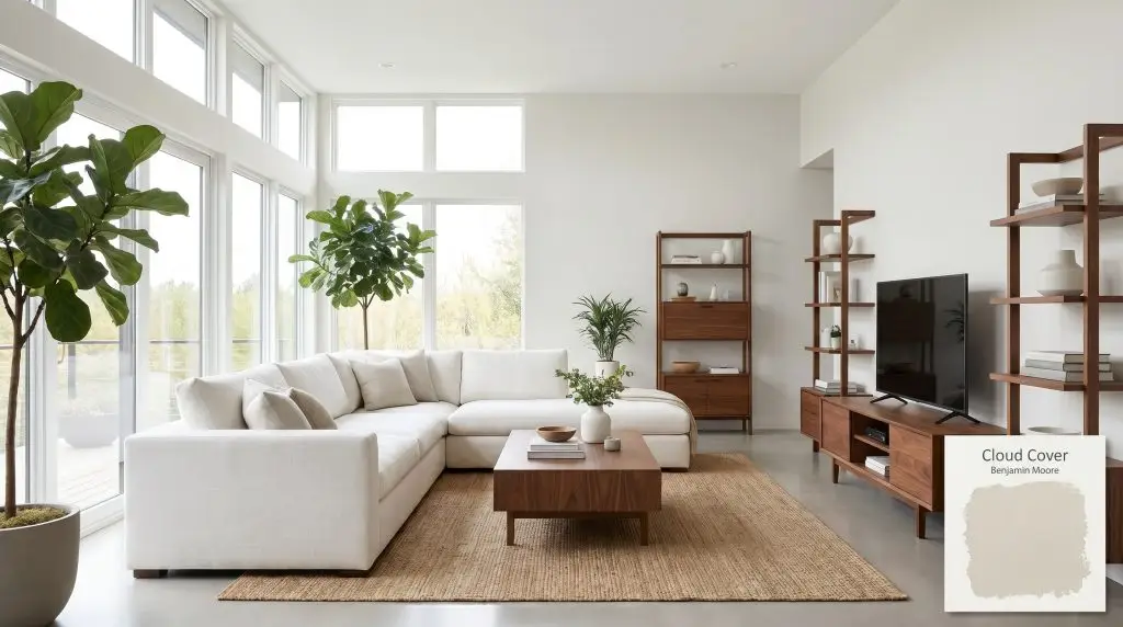 Expansive floor-to-ceiling windows illuminate a minimalist white linen sectional and warm walnut accents against balanced gray-white walls in Benjamin Moore Cloud Cover (Hex #E9E8E0).